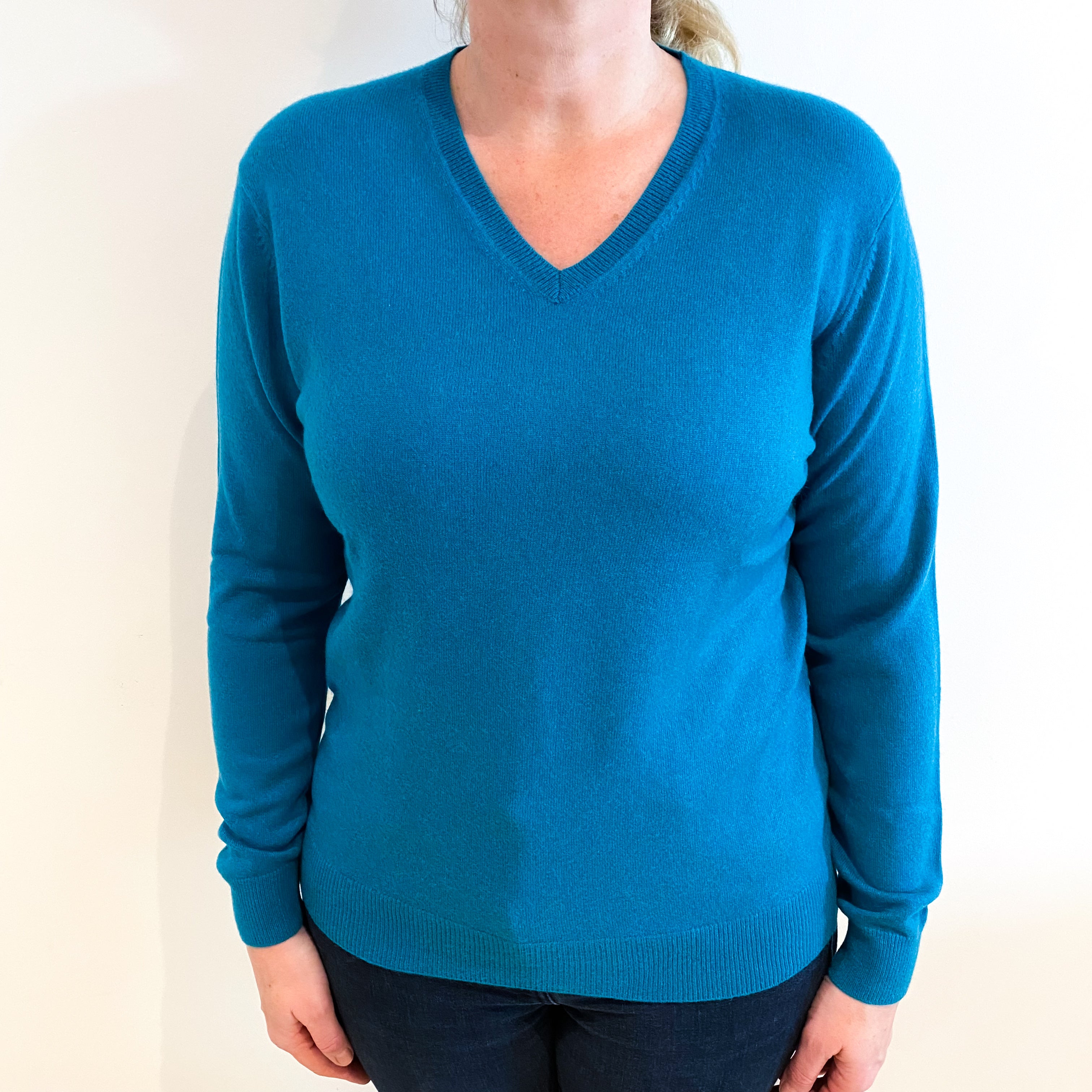 Turquoise Blue Cashmere V Neck Jumper Large