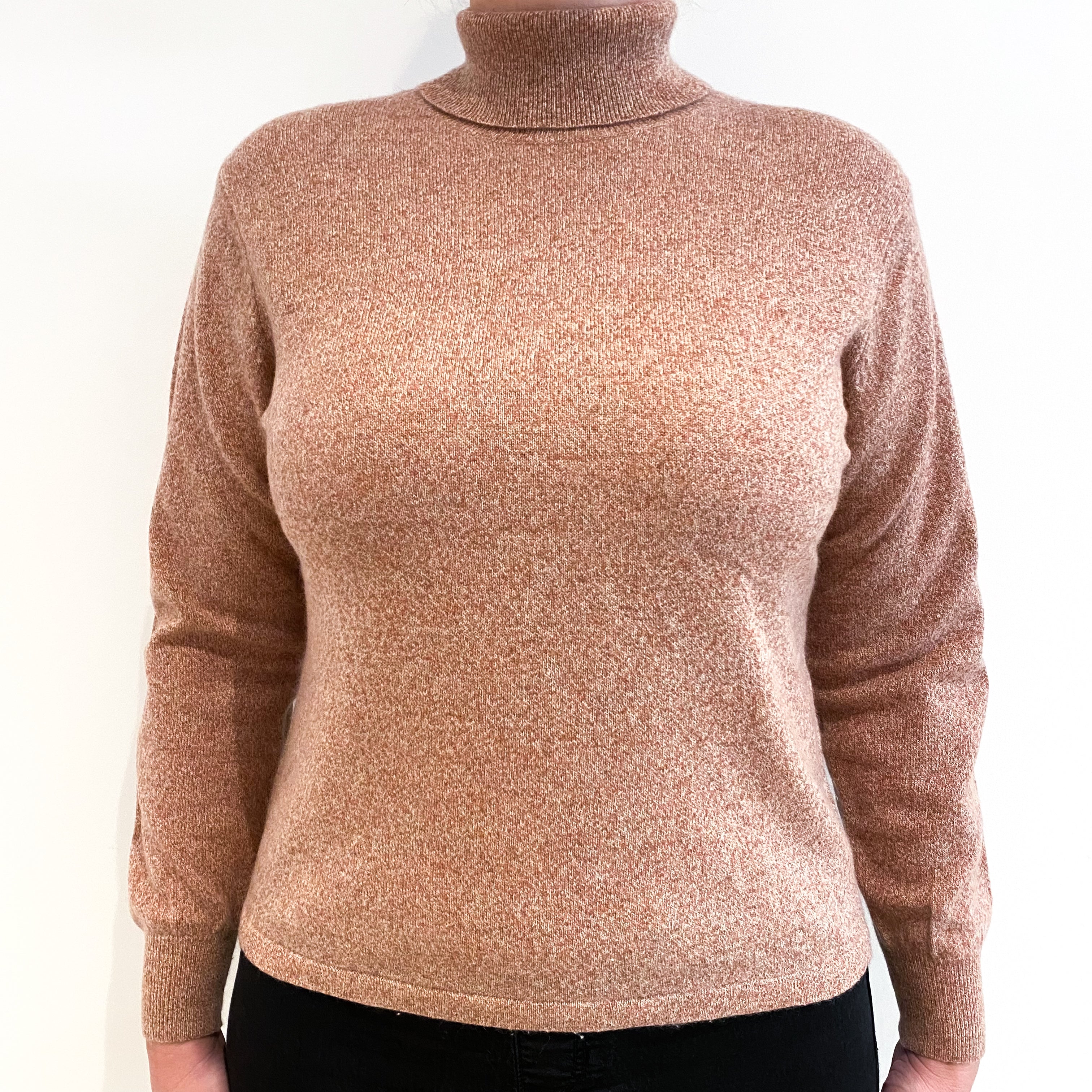 Pale Rust Orange Marl Cashmere Polo Neck Jumper Large