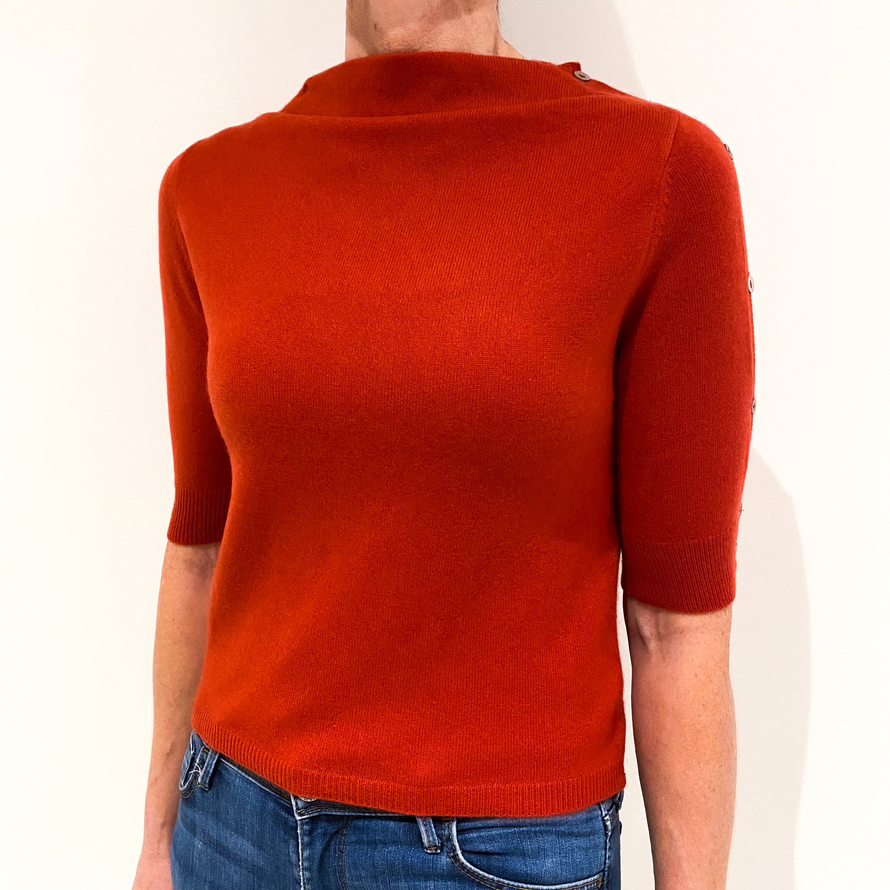 Burnt Orange Short Sleeved Cashmere Slash Neck Jumper Small