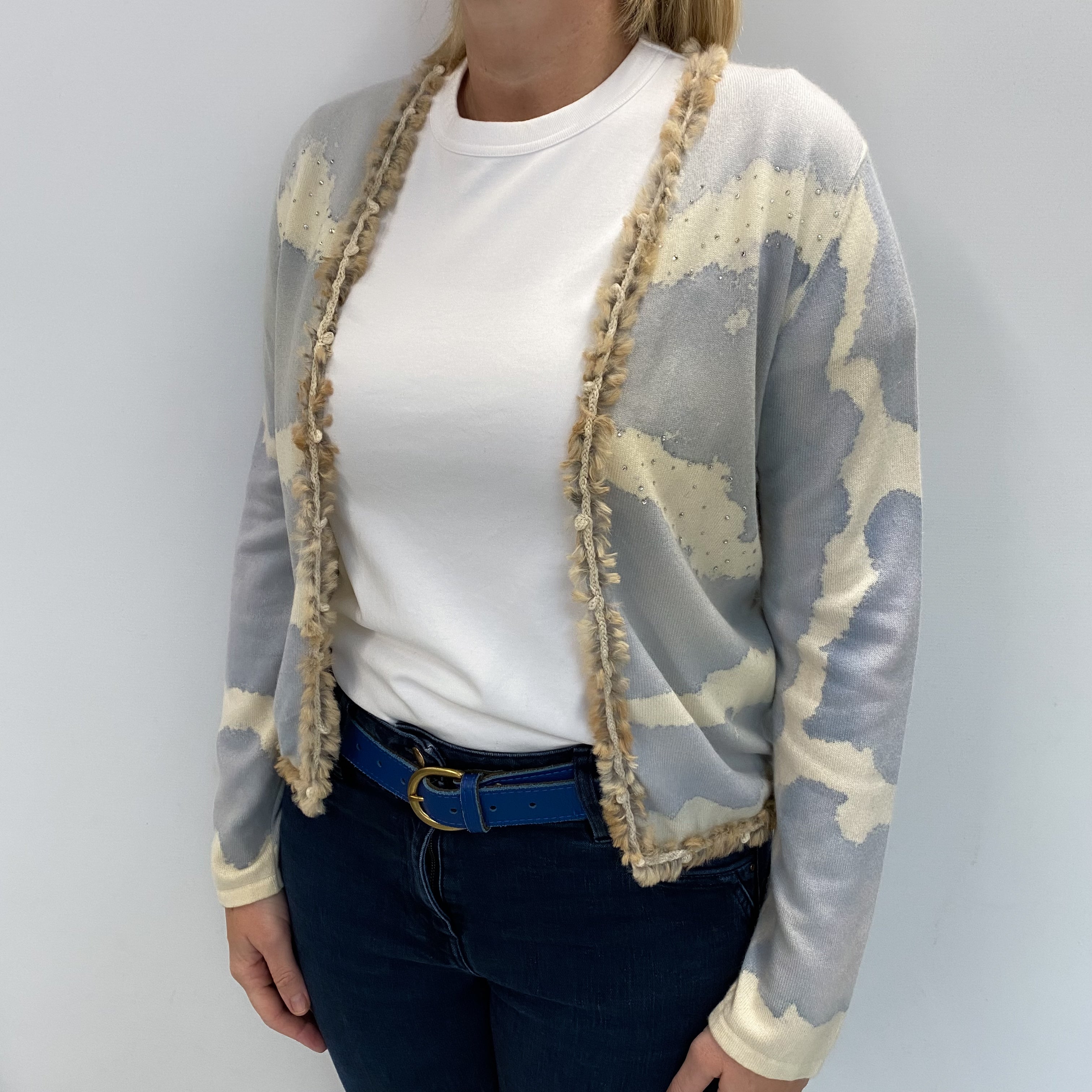 Italian Blue And Cream Mottled Cashmere Edge To Edge Cardigan Large