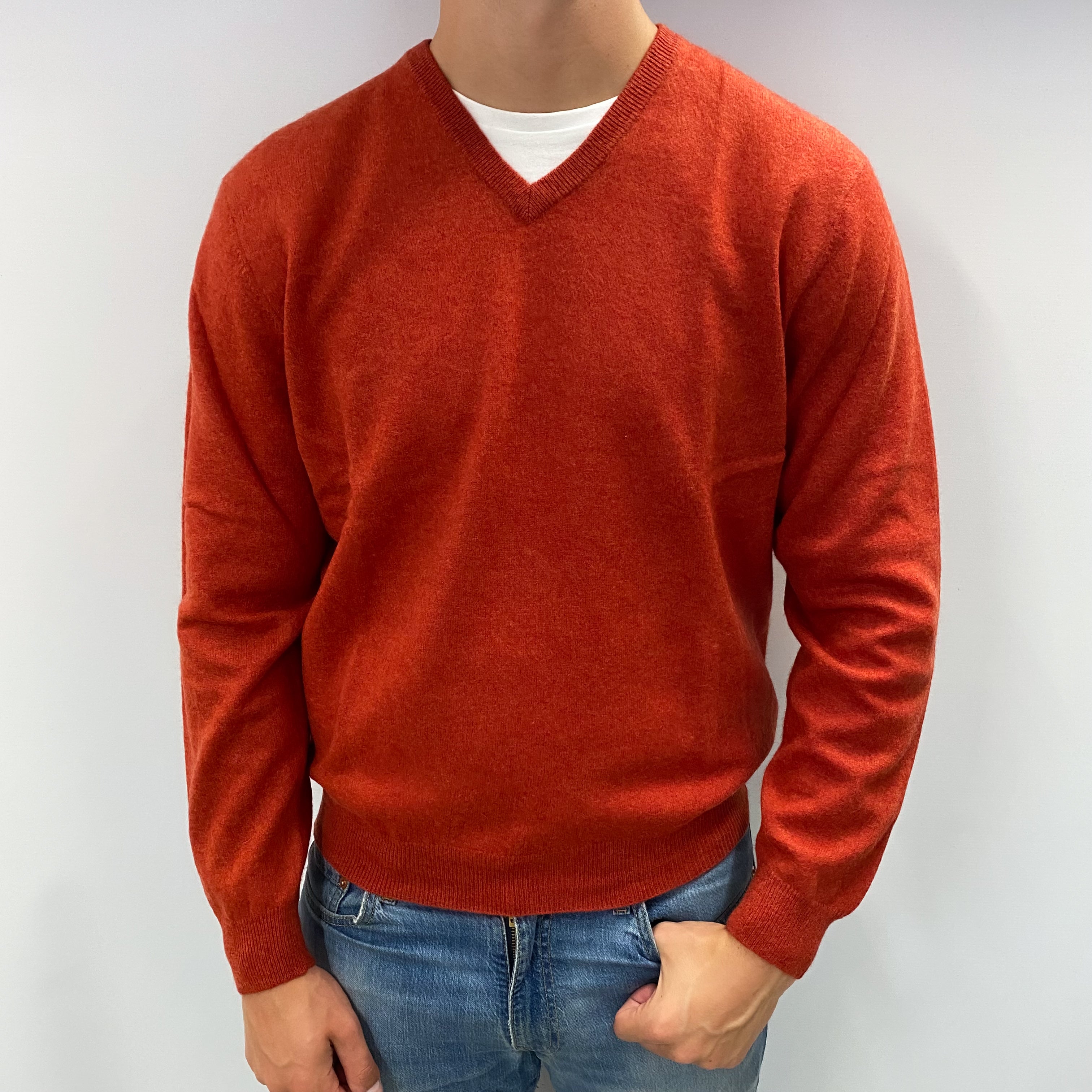 Men's Pumpkin Orange Cashmere V Neck Jumper XL