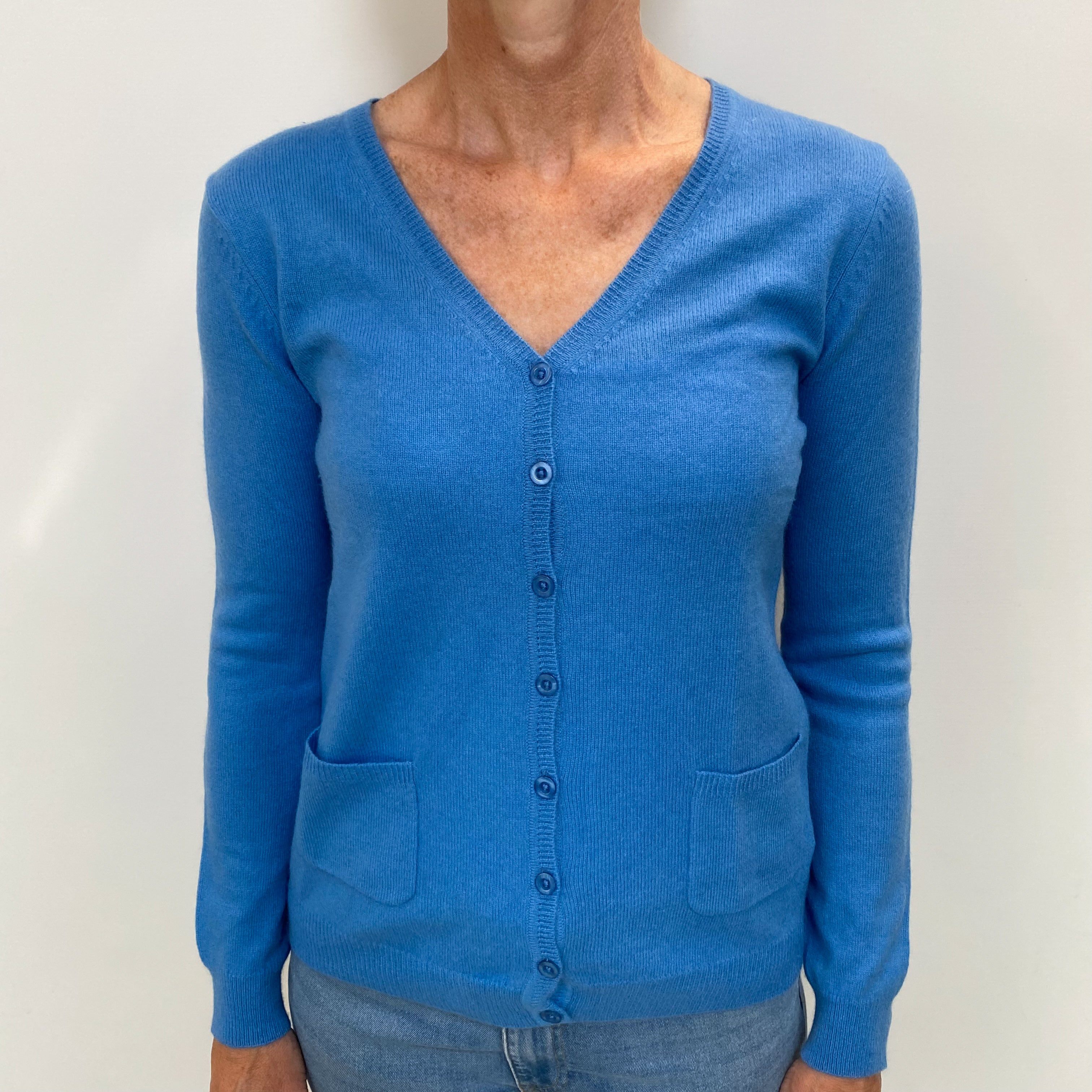 Cornflower Blue Cashmere V Neck Cardigan with Pockets Small