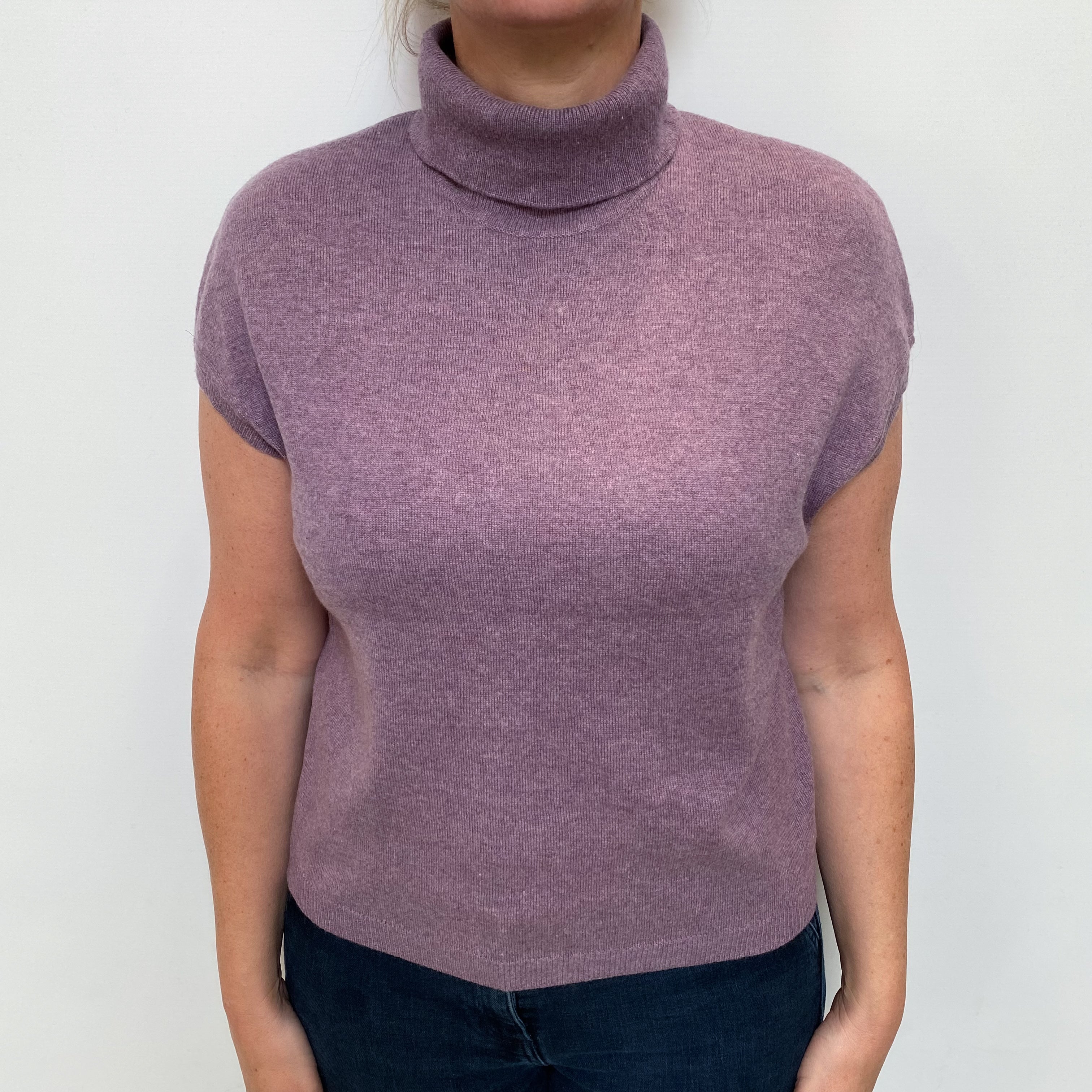 Mauve Purple Cashmere Capped Sleeve Polo Neck Jumper Large