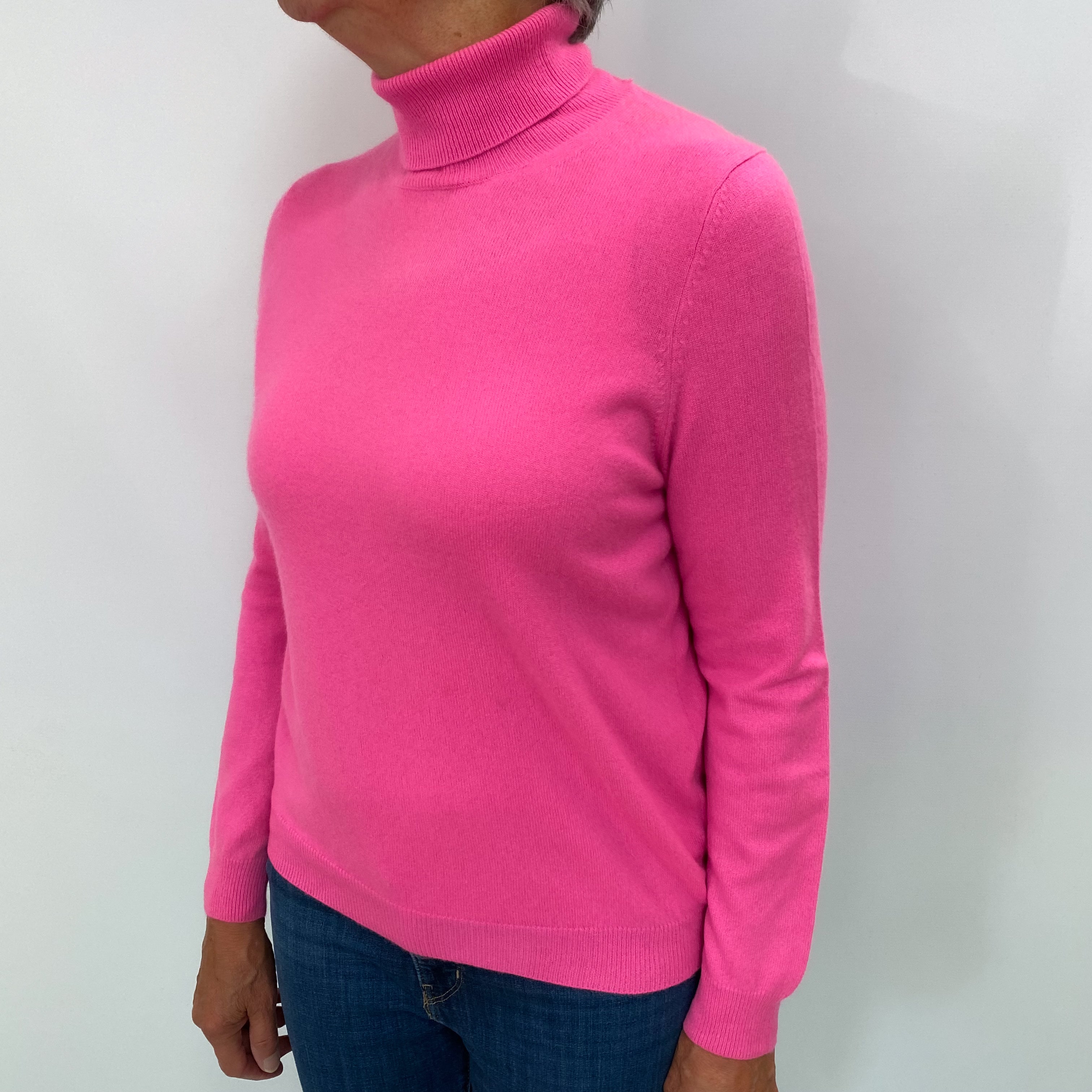 Neon Pink Cashmere Polo Neck Jumper Medium