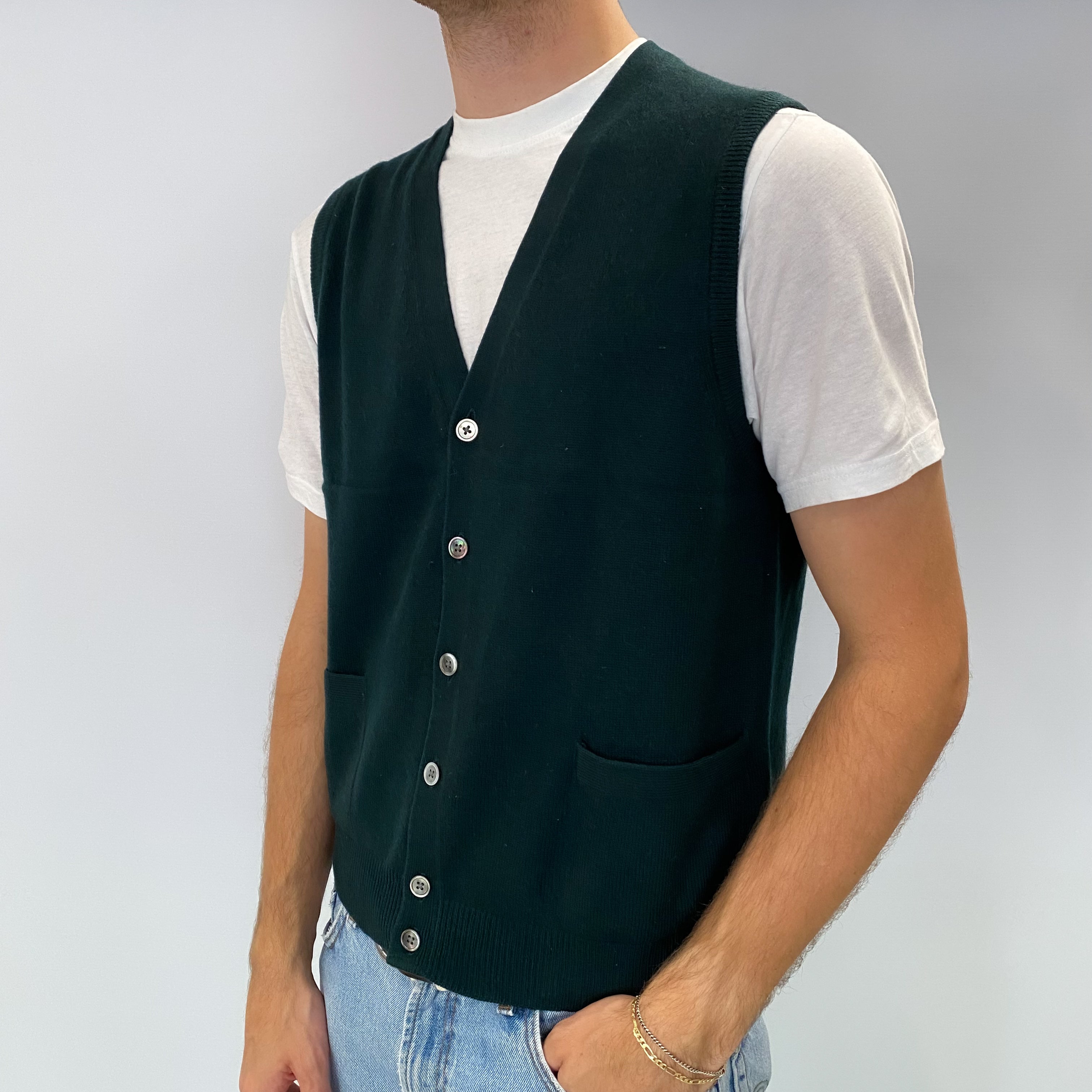 Men's Bottle Green Cashmere V Neck Sleeveless Cardigan Medium