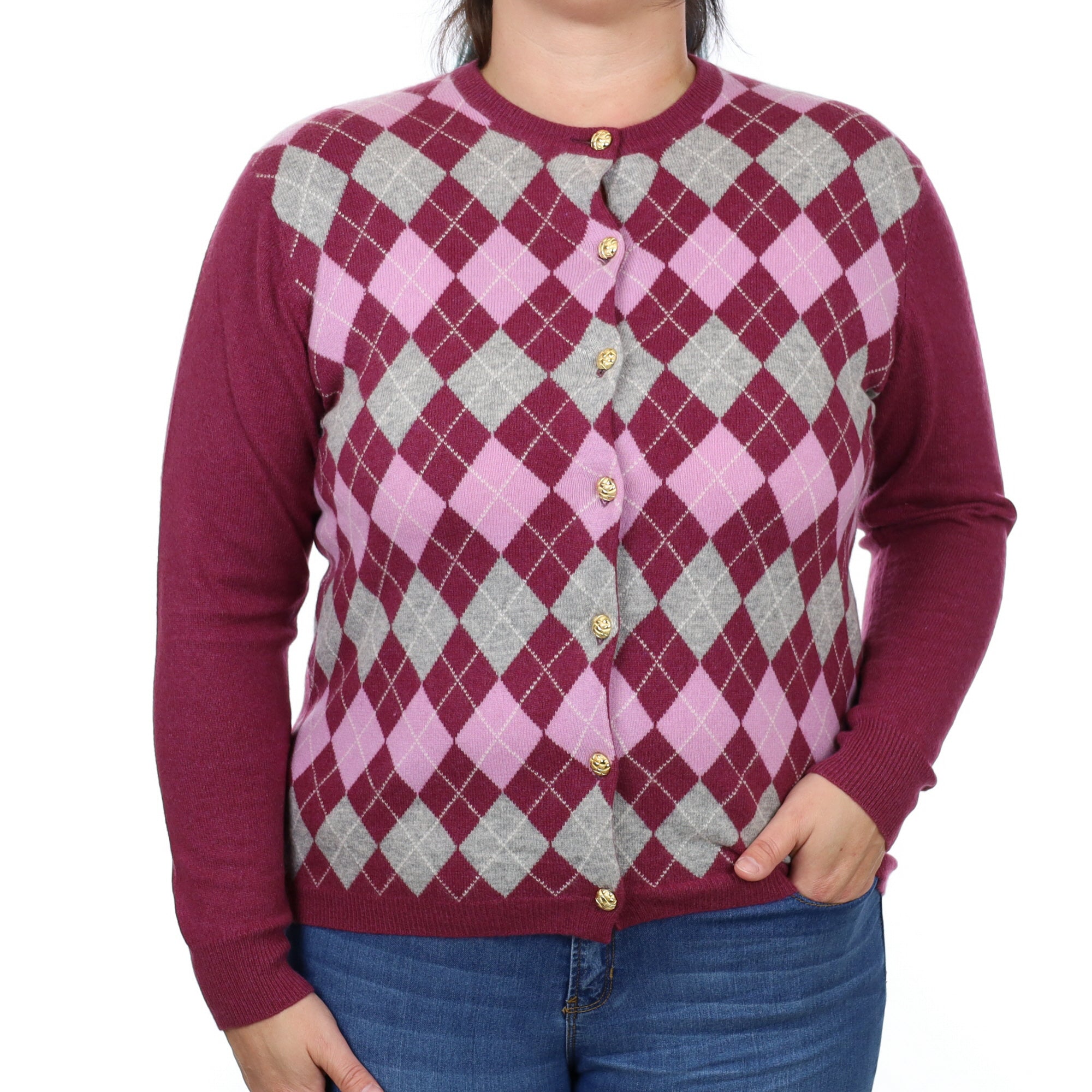 Mulberry Purple Argyle Cashmere Crew Neck Cardigan Large