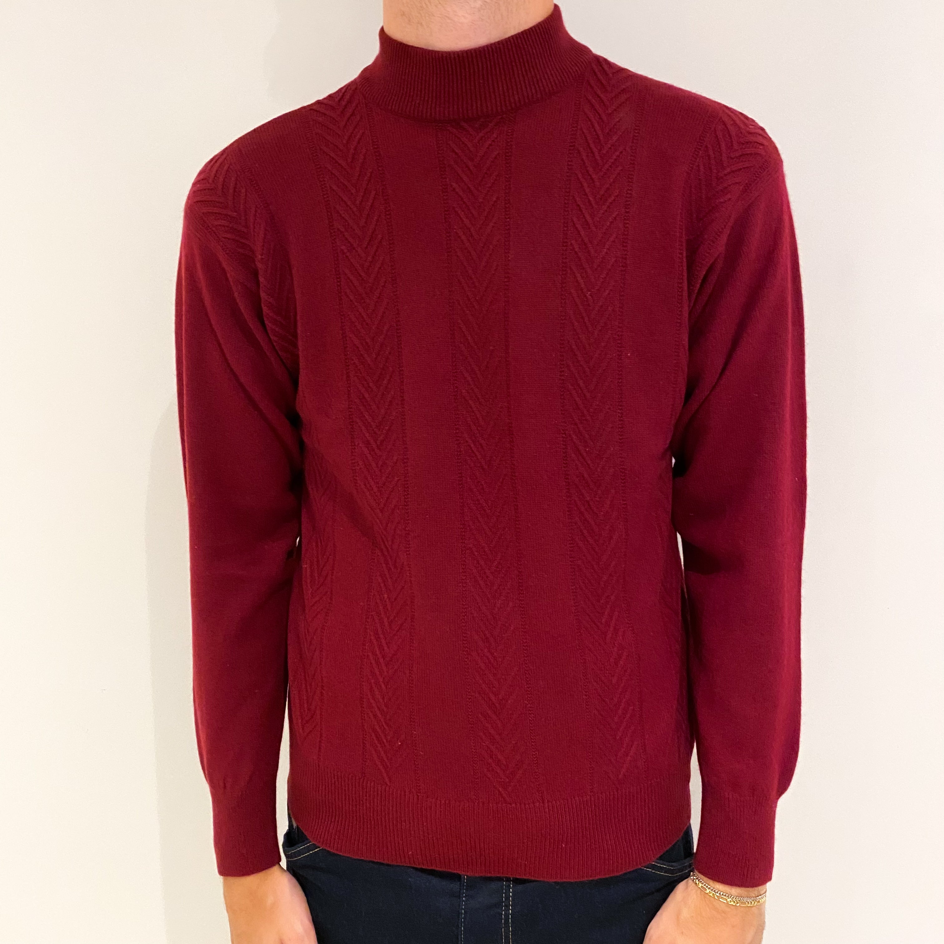 Men's Burgundy Red Textured Cashmere Turtle Neck Jumper Medium