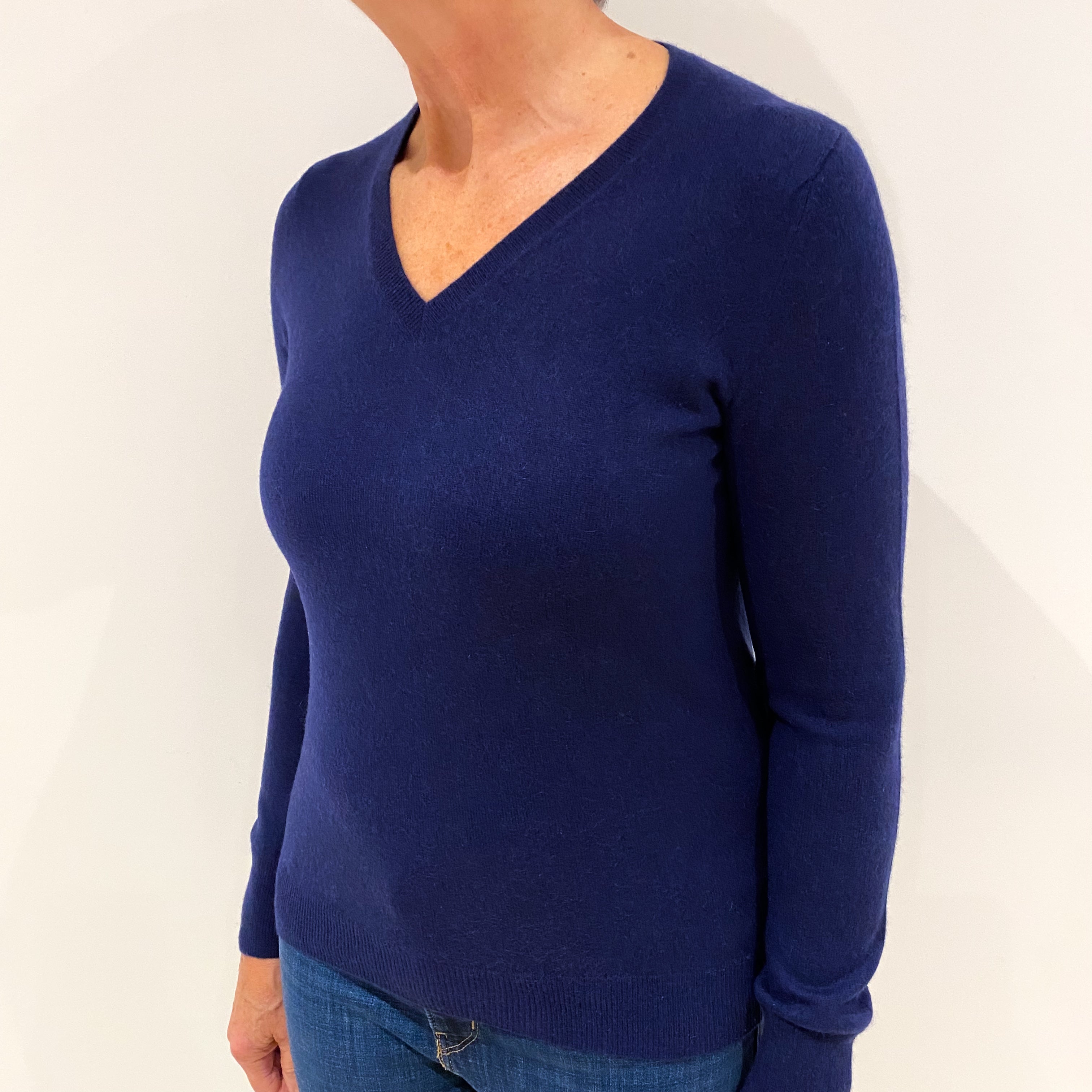 Navy Blue Cashmere V Neck Jumper Medium