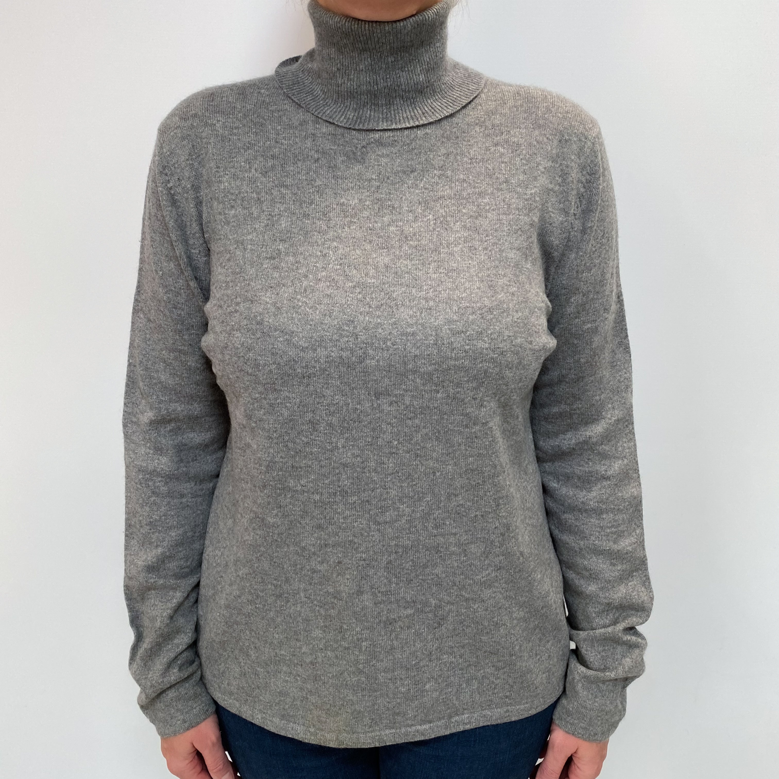 Ash Grey Cashmere Polo Neck Jumper Large