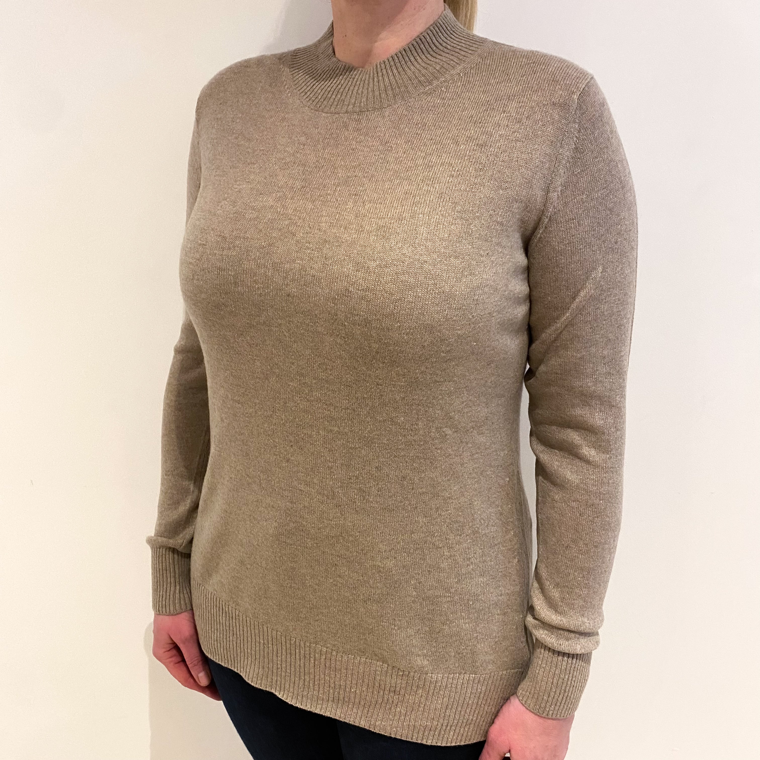 Taupe Beige Cashmere Turtle Neck Jumper Large