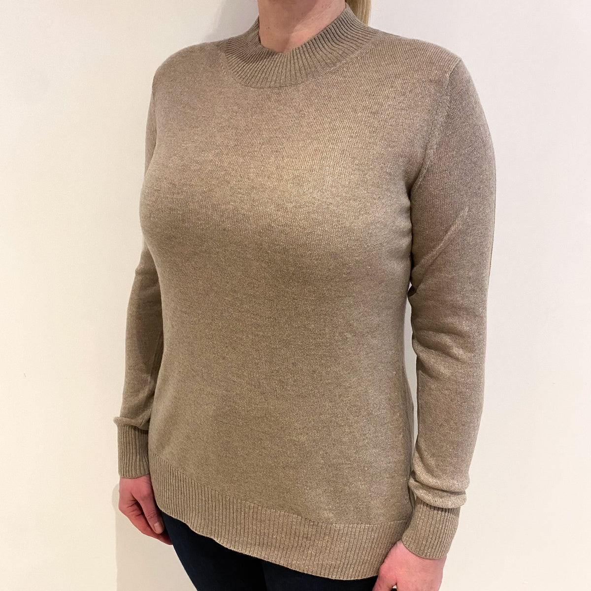 Taupe Beige Cashmere Turtle Neck Jumper Large