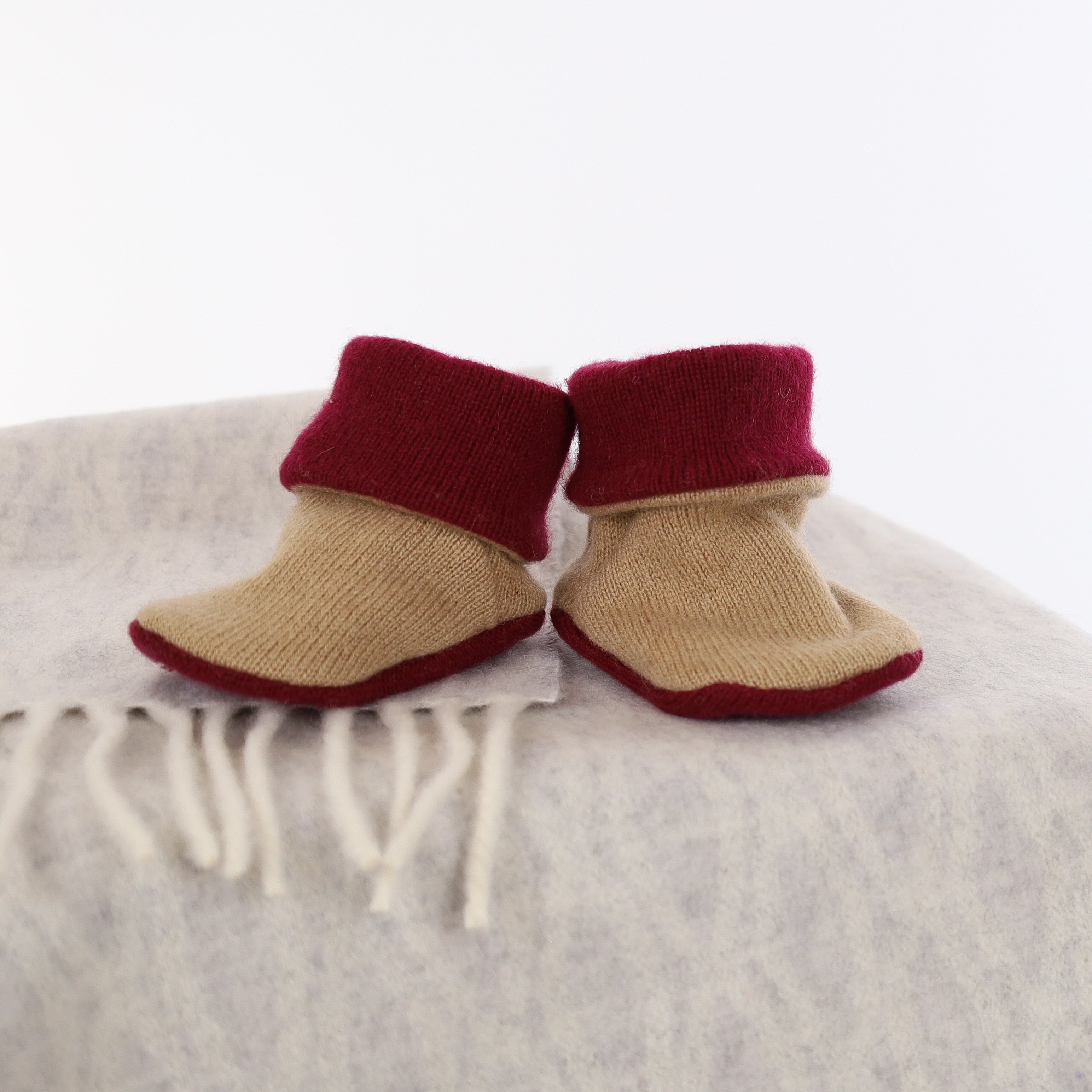 Maroon and Camel Cashmere Baby Boots