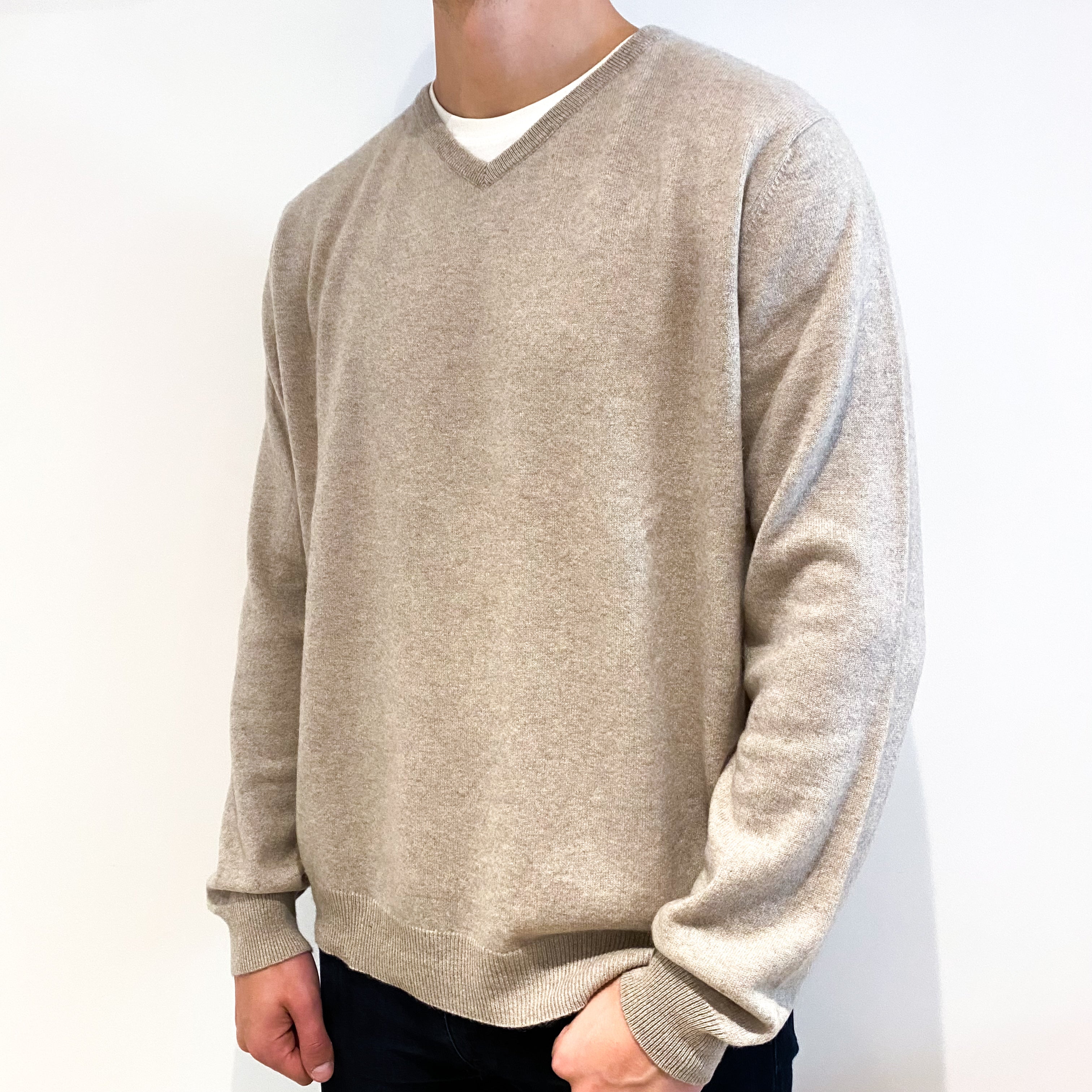 Men's Oatmeal Beige Cashmere V-Neck Jumper Extra Extra Large