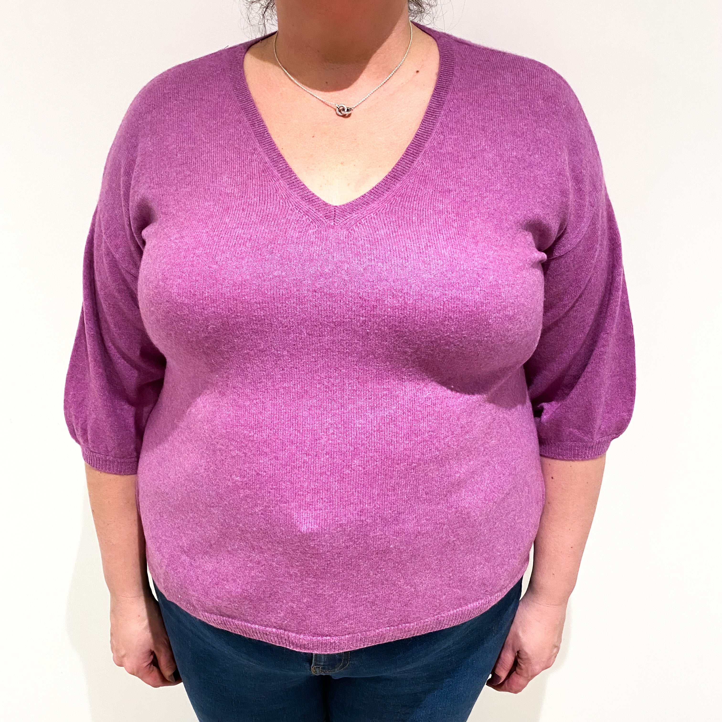 Loganberry Purple Balloon Sleeve Cashmere V Neck Jumper Extra Large