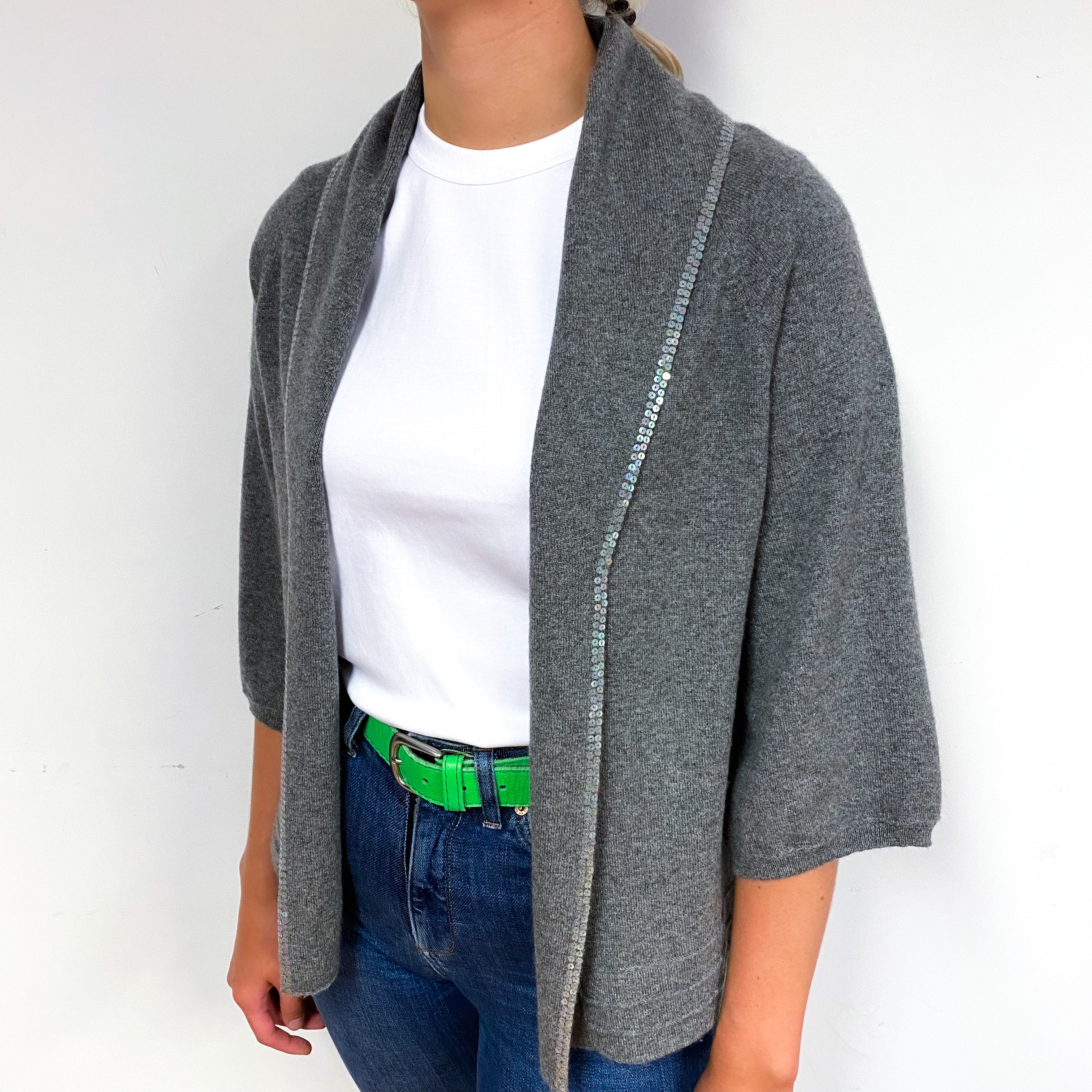 Slate Grey Sequin Edge Cashmere Edge to Edge Cardigan Small