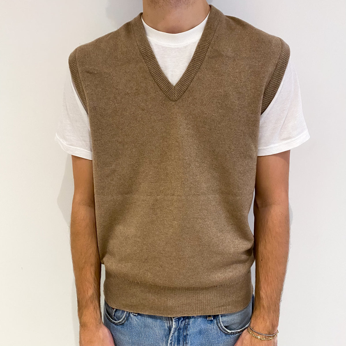 Men's Jaeger Camel Beige Cashmere V Neck Tank Top Large