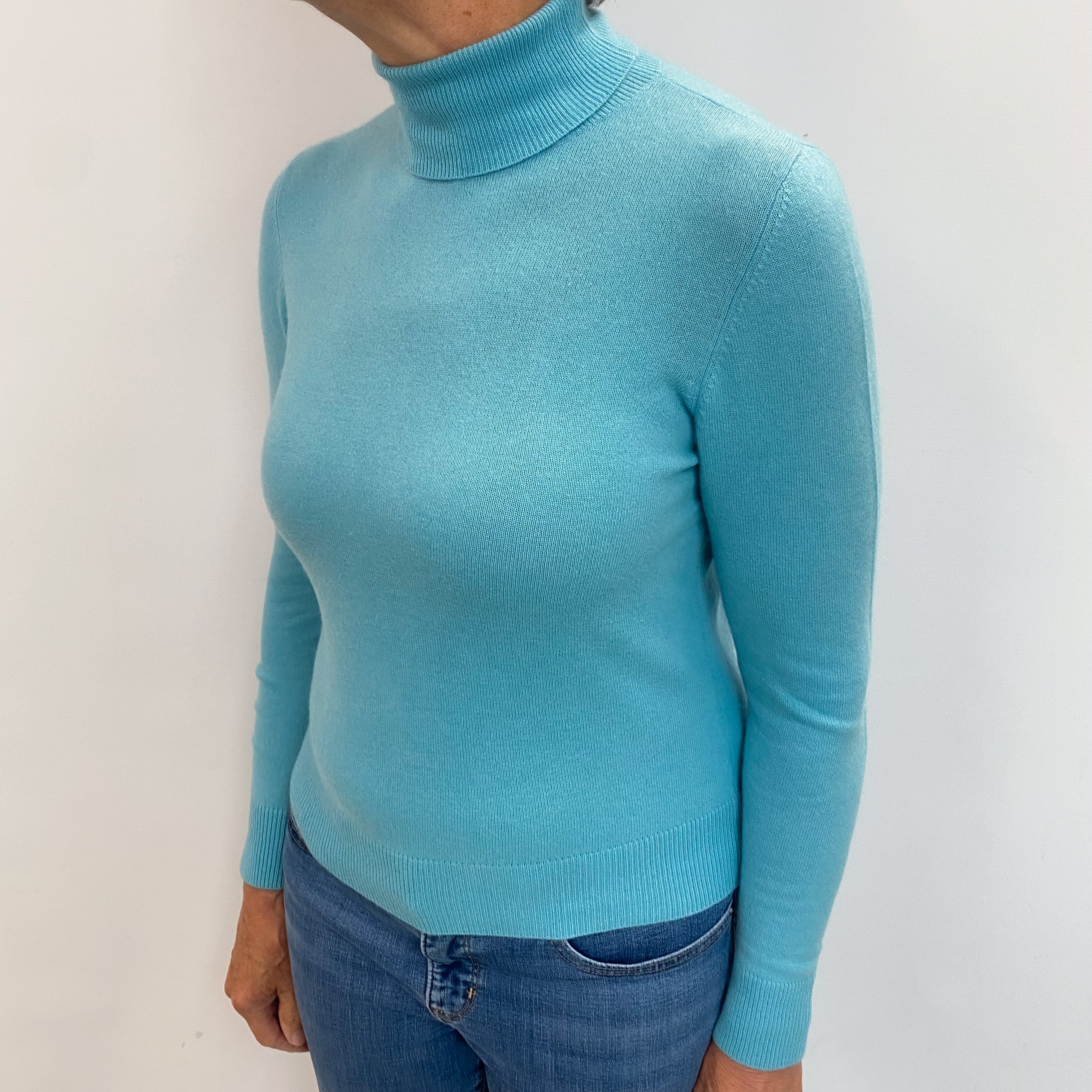 Aquamarine Blue Cashmere Polo Neck Jumper Medium