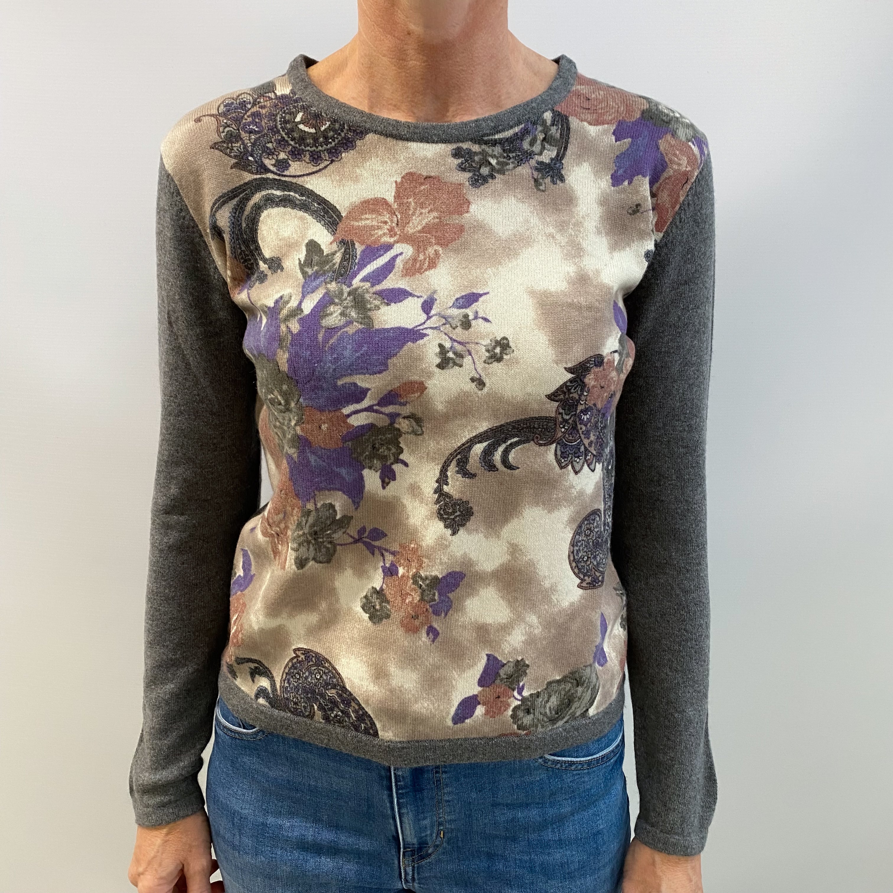 Slate Grey Floral Cashmere Crew Neck Jumper Small