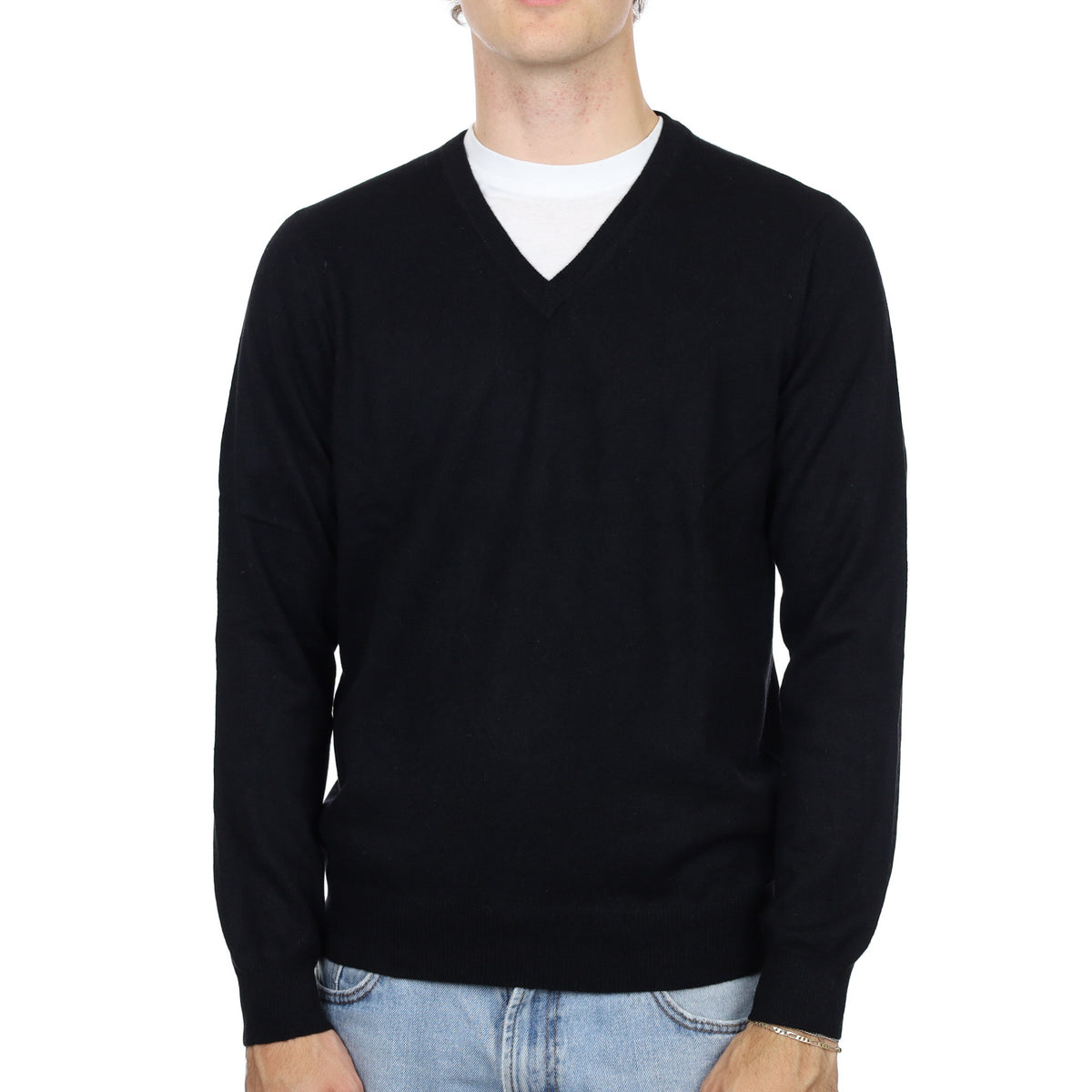 Men's Black Cashmere V Neck Jumper Medium