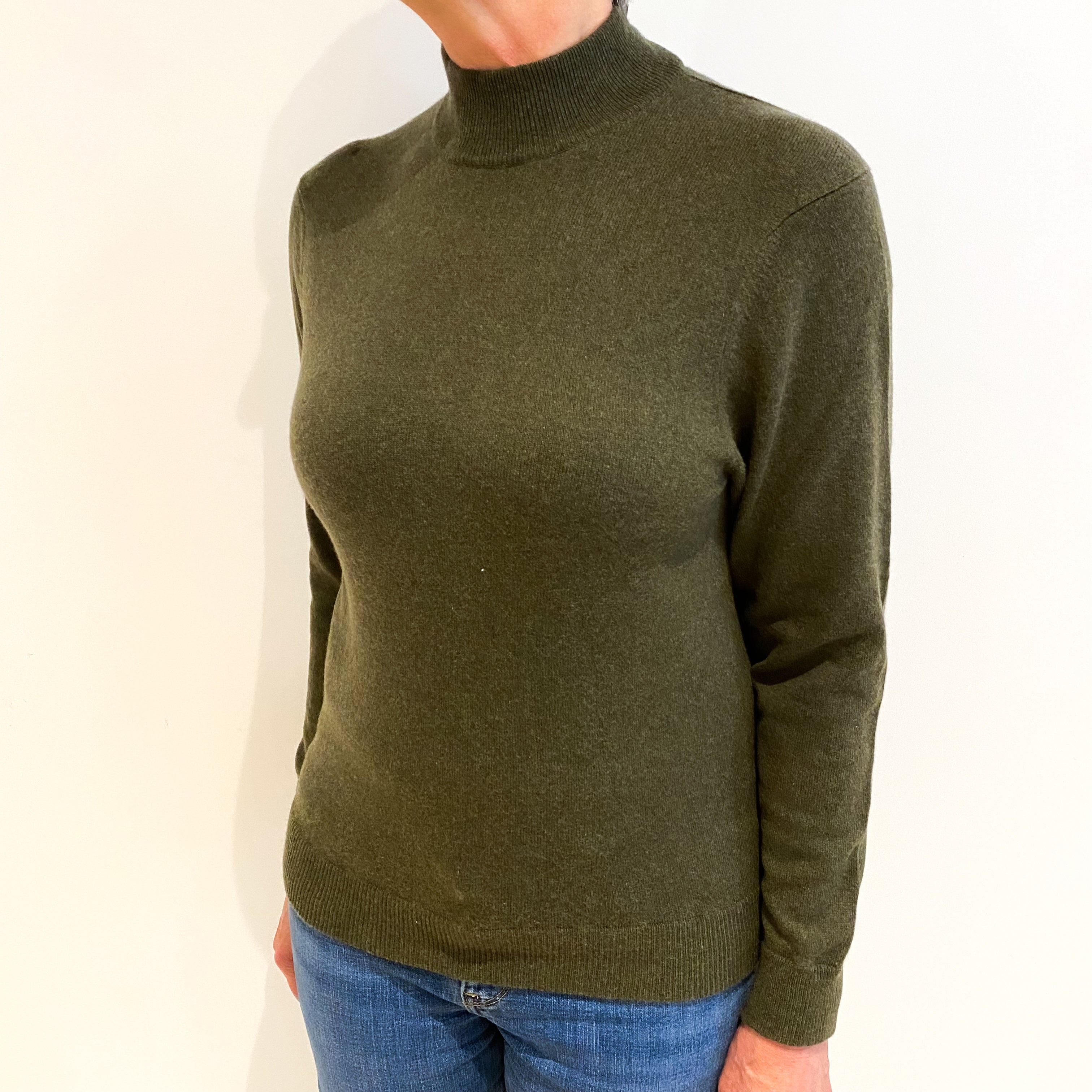 Deep Olive Green Cashmere Turtle Neck Jumper Medium