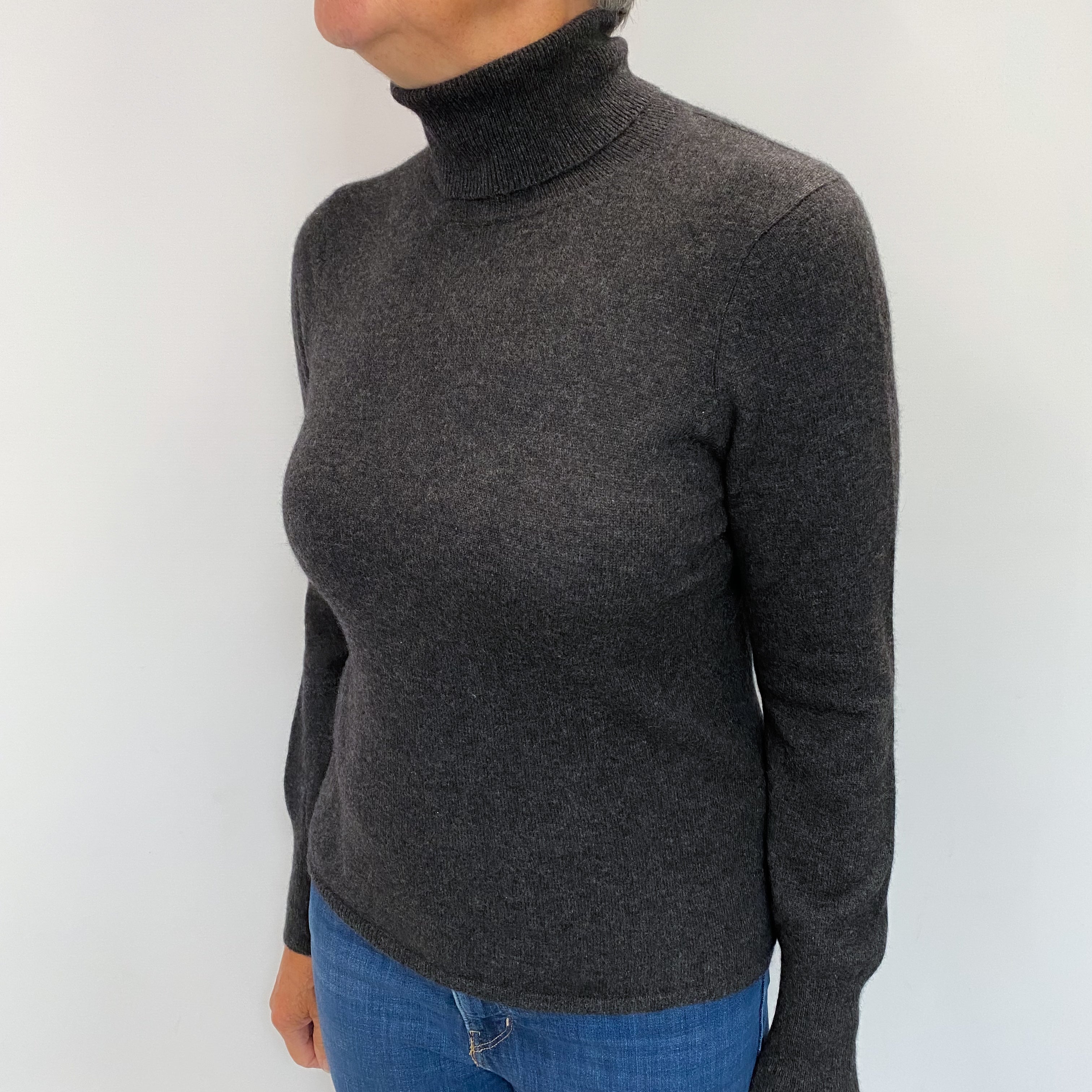 Charcoal Grey Cashmere Polo Neck Jumper Medium