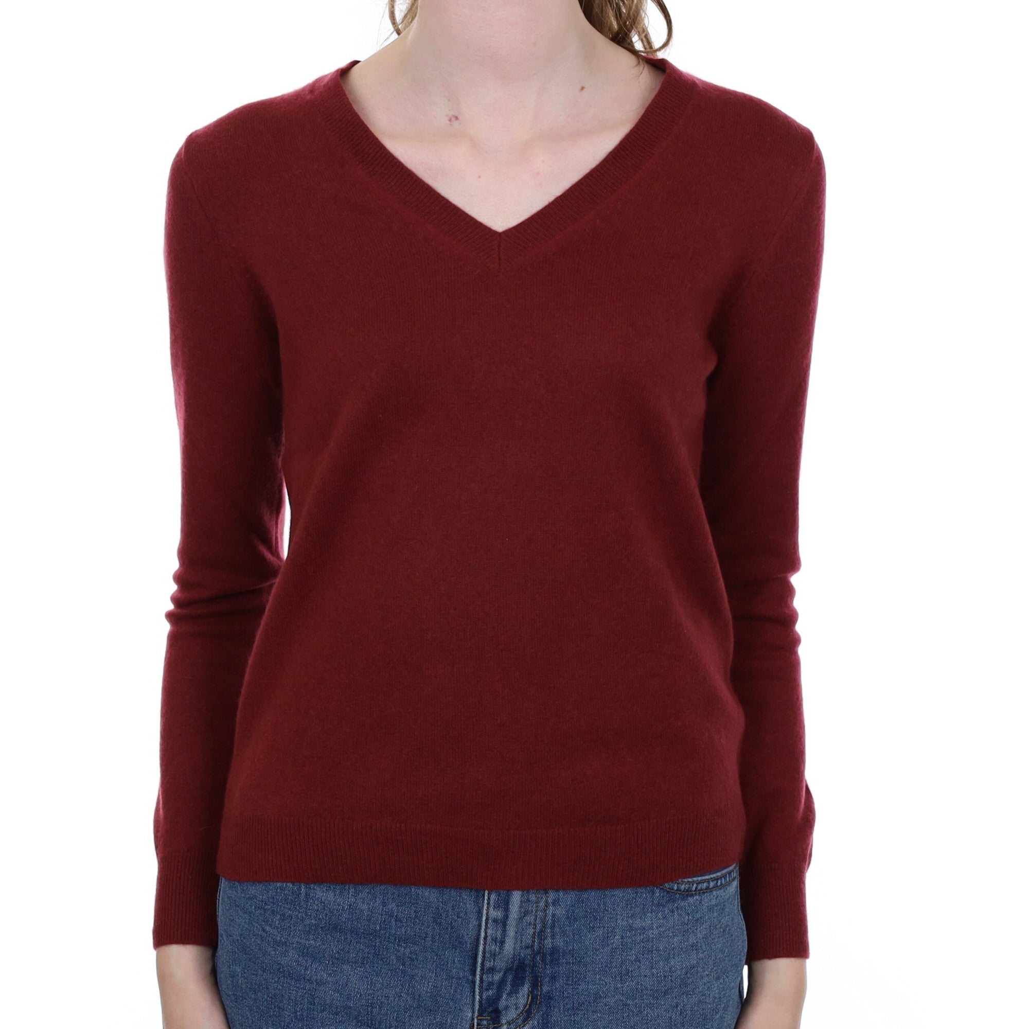 Maroon Red Cashmere V Neck Jumper Extra Small
