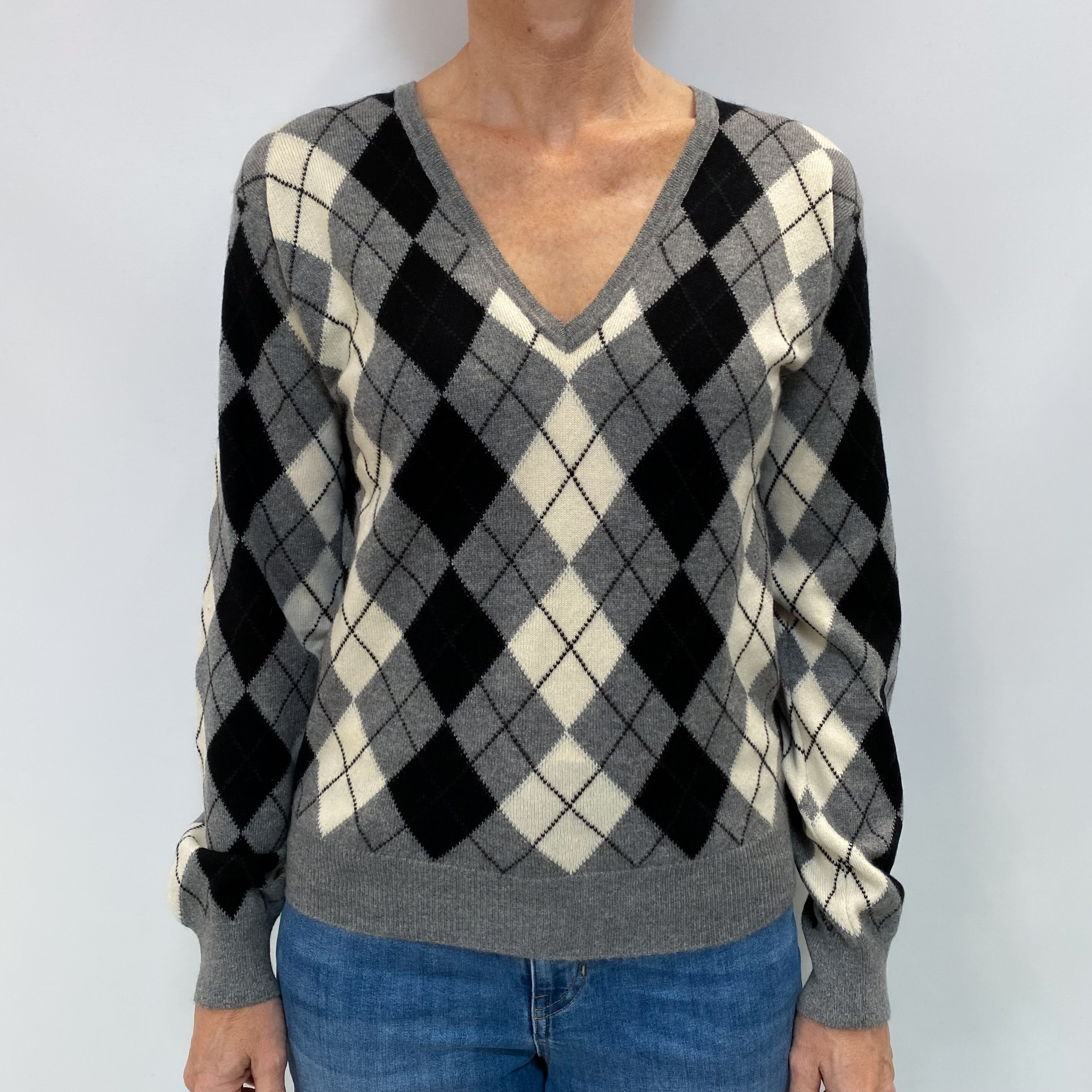 Vintage Pringle Grey Argyle Cashmere V Neck Jumper Small