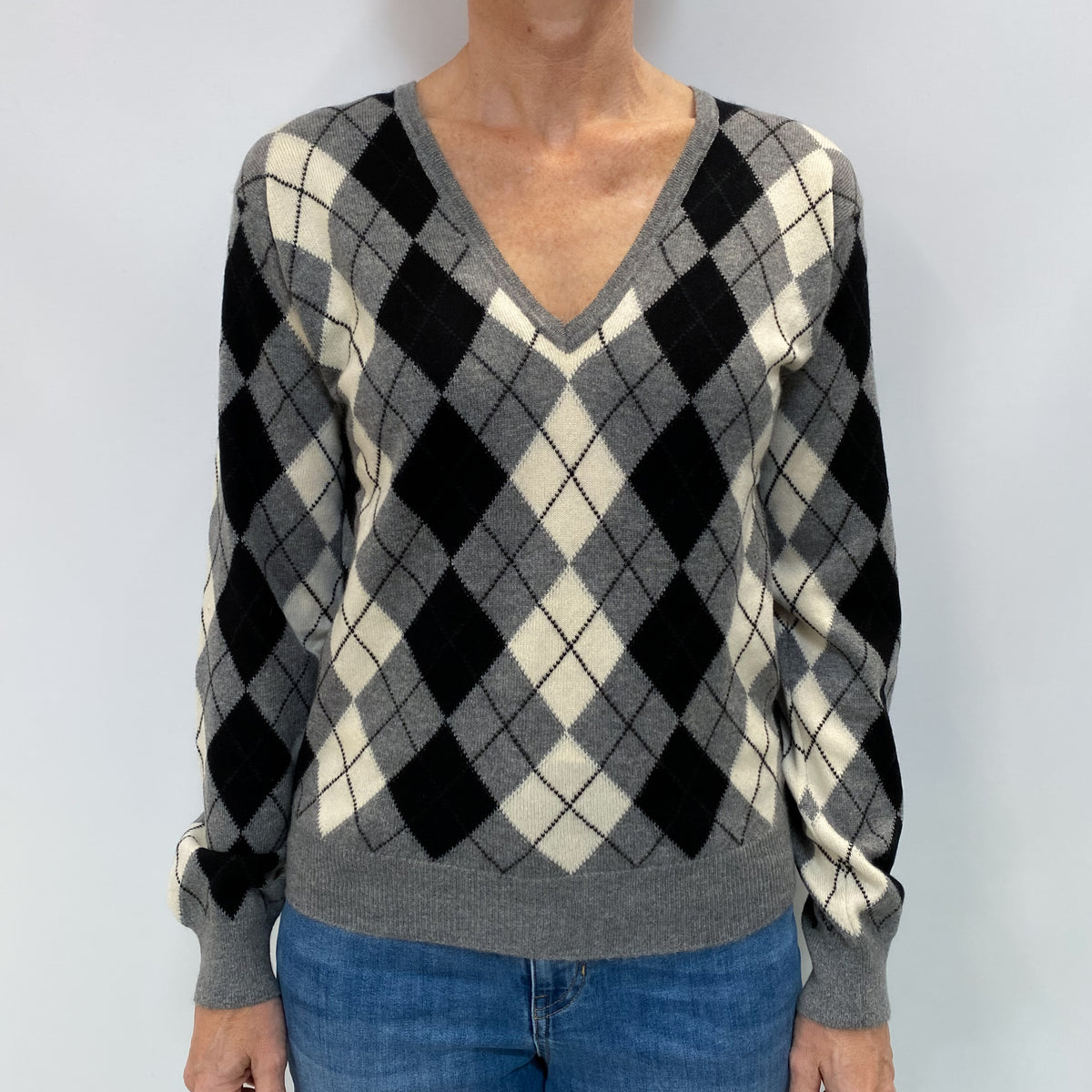 Vintage Pringle Grey Argyle Cashmere V Neck Jumper Small