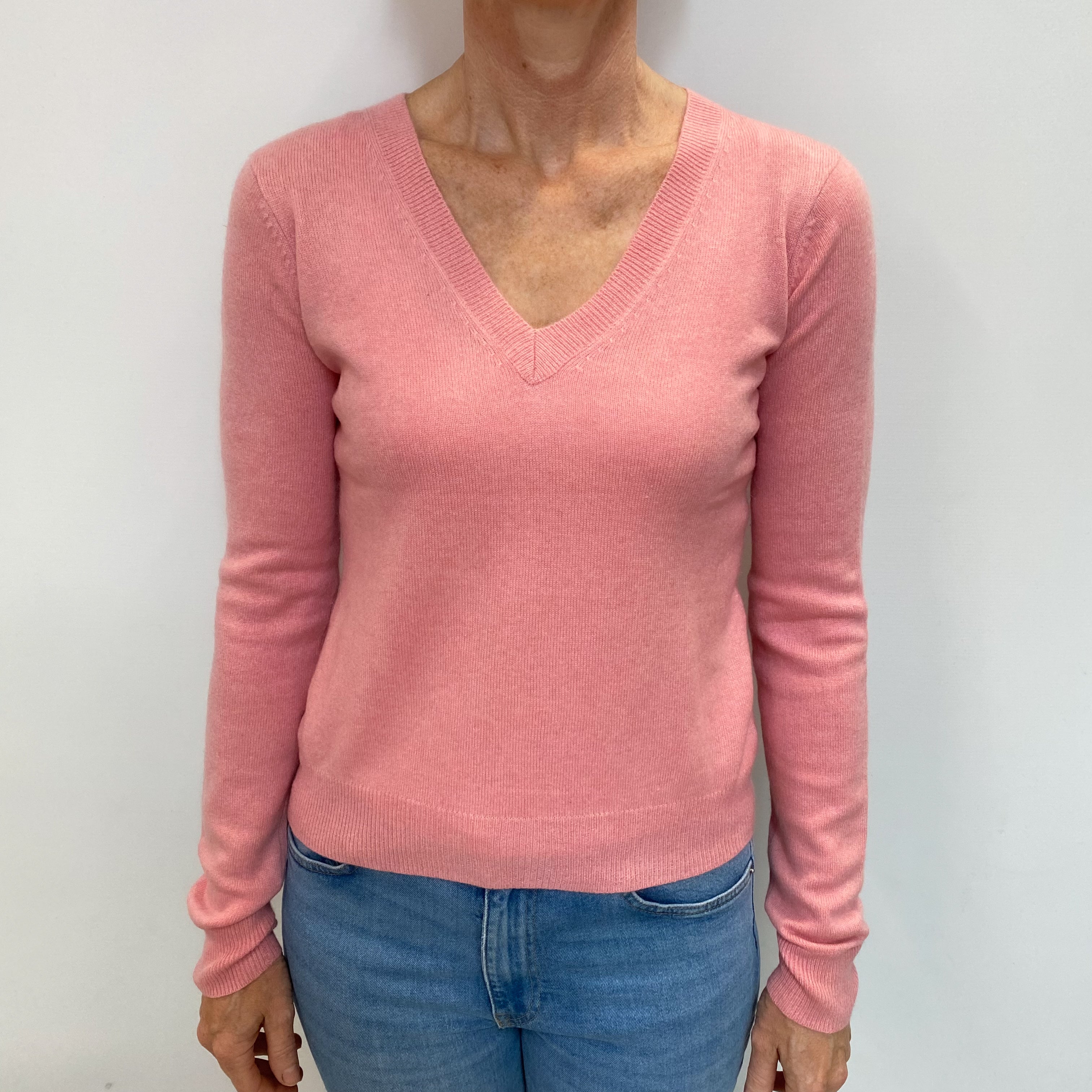 Flamingo Pink Cashmere V Neck Jumper Small