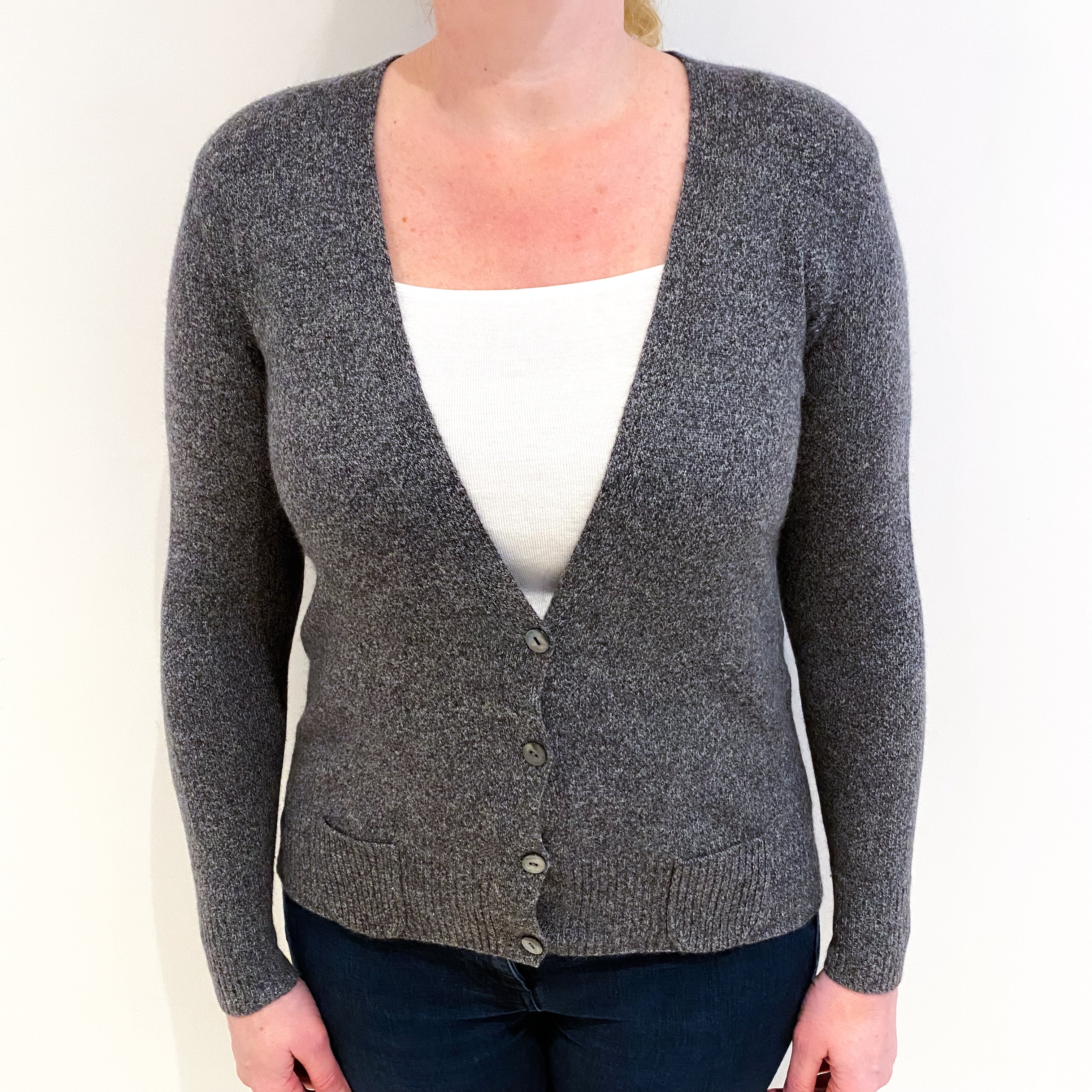Grey Marl Cashmere V Neck Cardigan Large