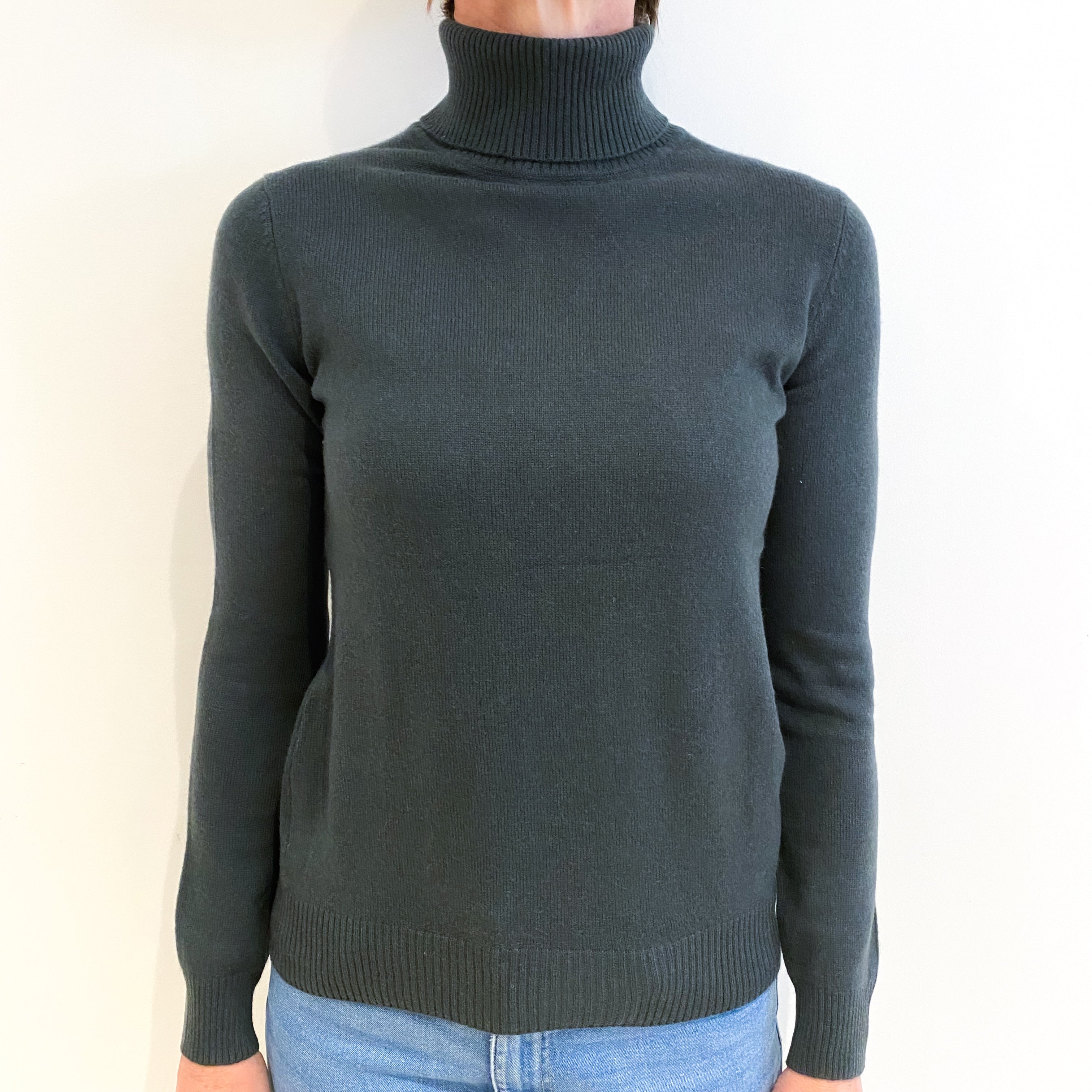 Deep Khaki Grey Cashmere Polo Neck Jumper Small