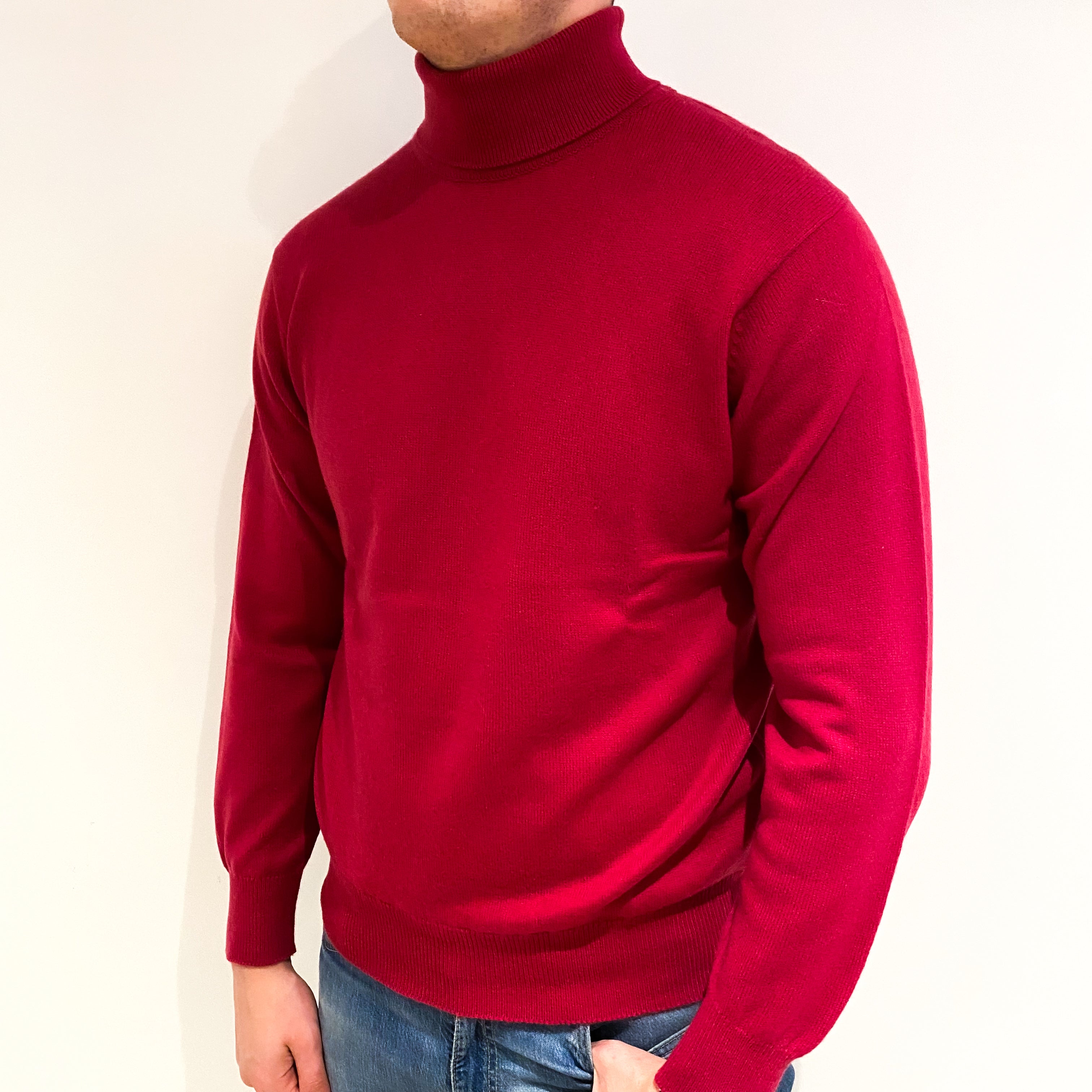 Men's Raspberry Pink Cashmere Polo Neck Jumper XL