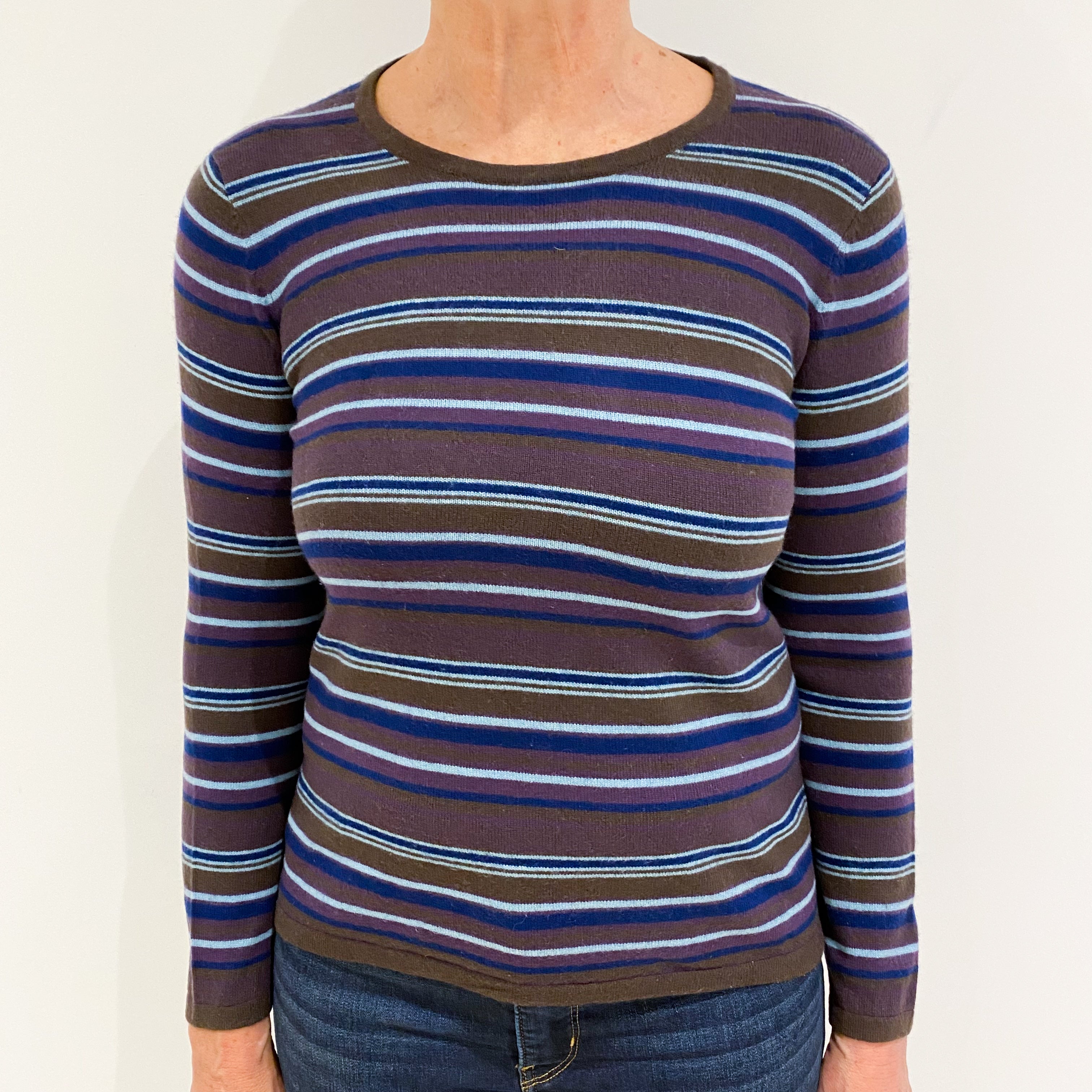 Brown and Blue Stripe Cashmere Crew Neck Jumper Medium