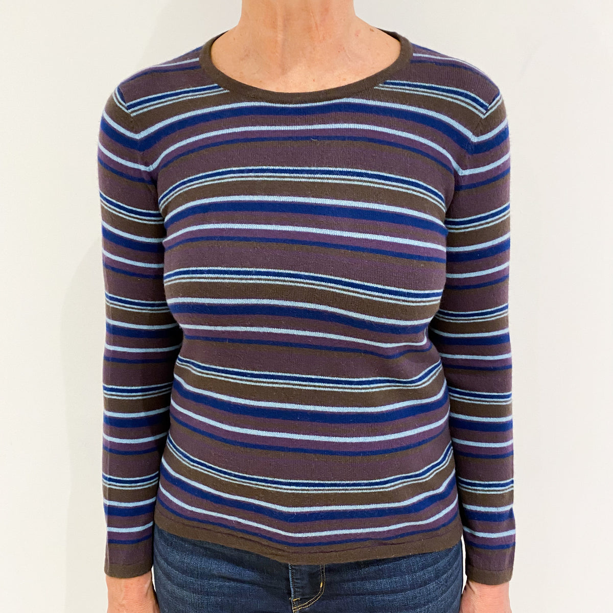 Brown and Blue Stripe Cashmere Crew Neck Jumper Medium