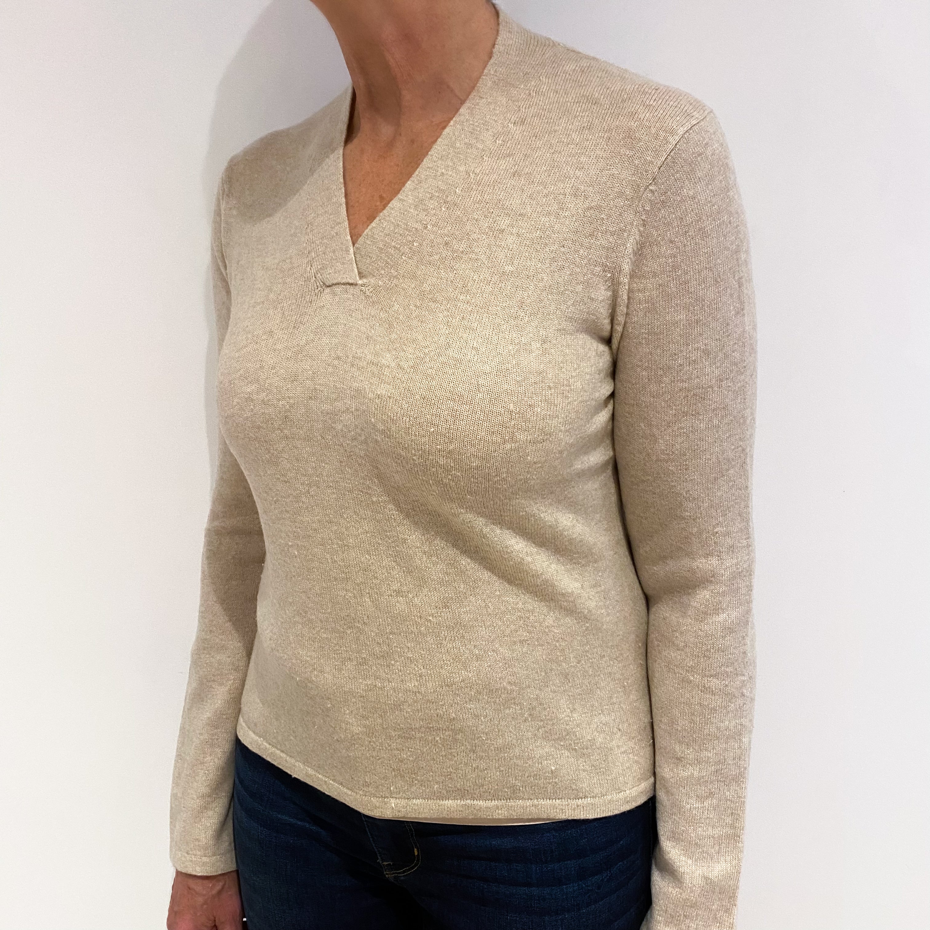 Fawn Beige Cashmere V Neck Jumper Medium