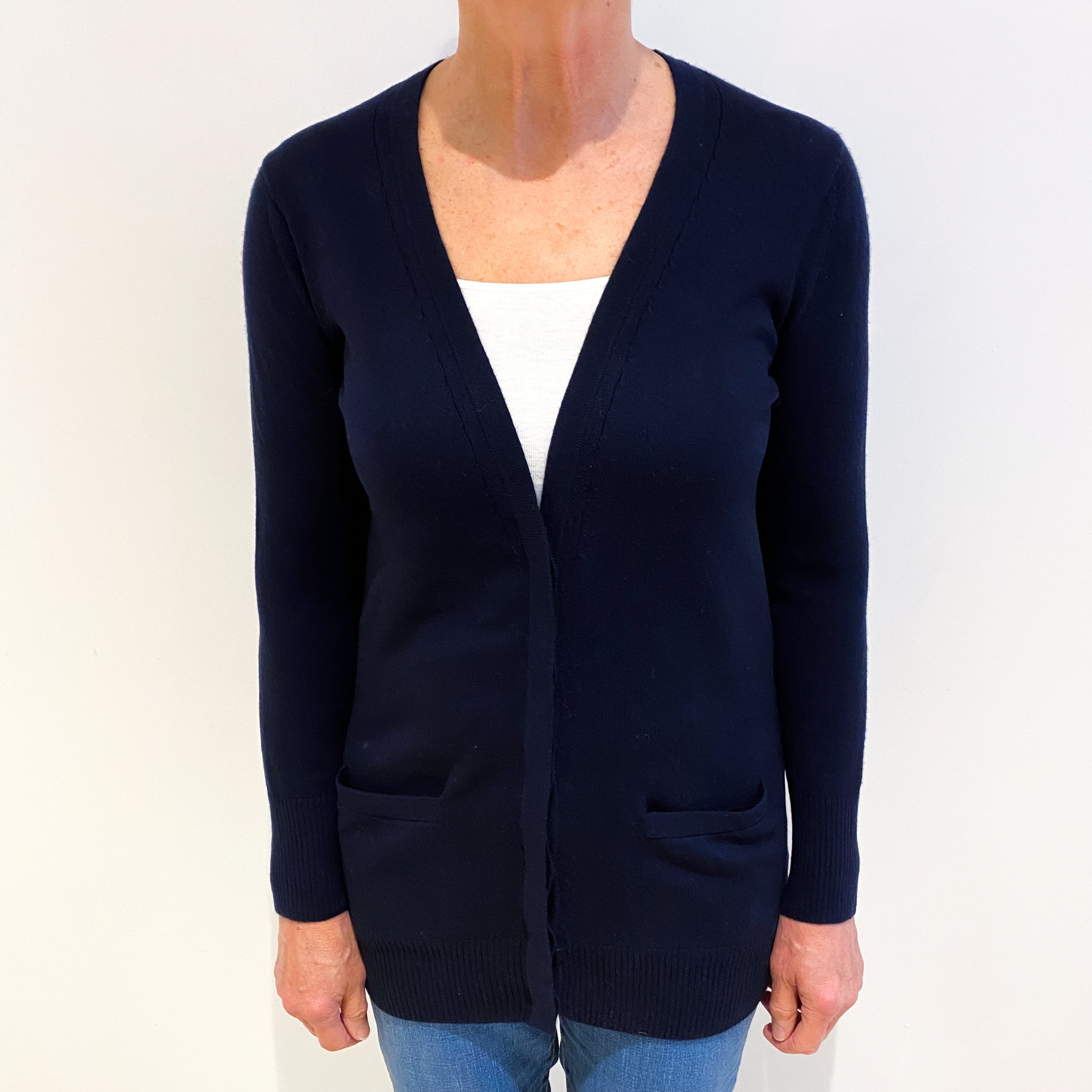 Navy Blue Cashmere V Neck Longline Cardigan With Pockets Medium