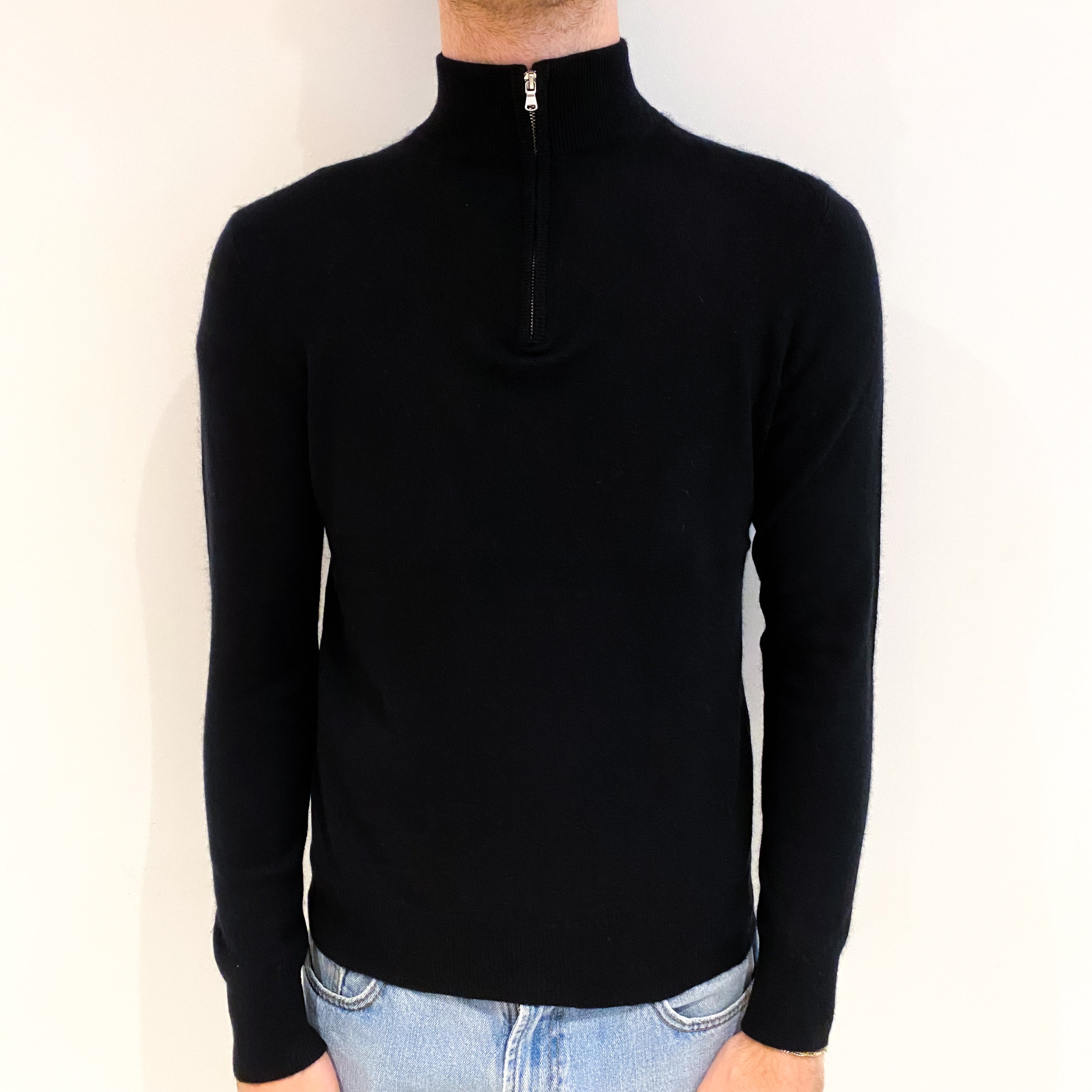 Men's Black Cashmere 1/4 Zip Jumper Medium