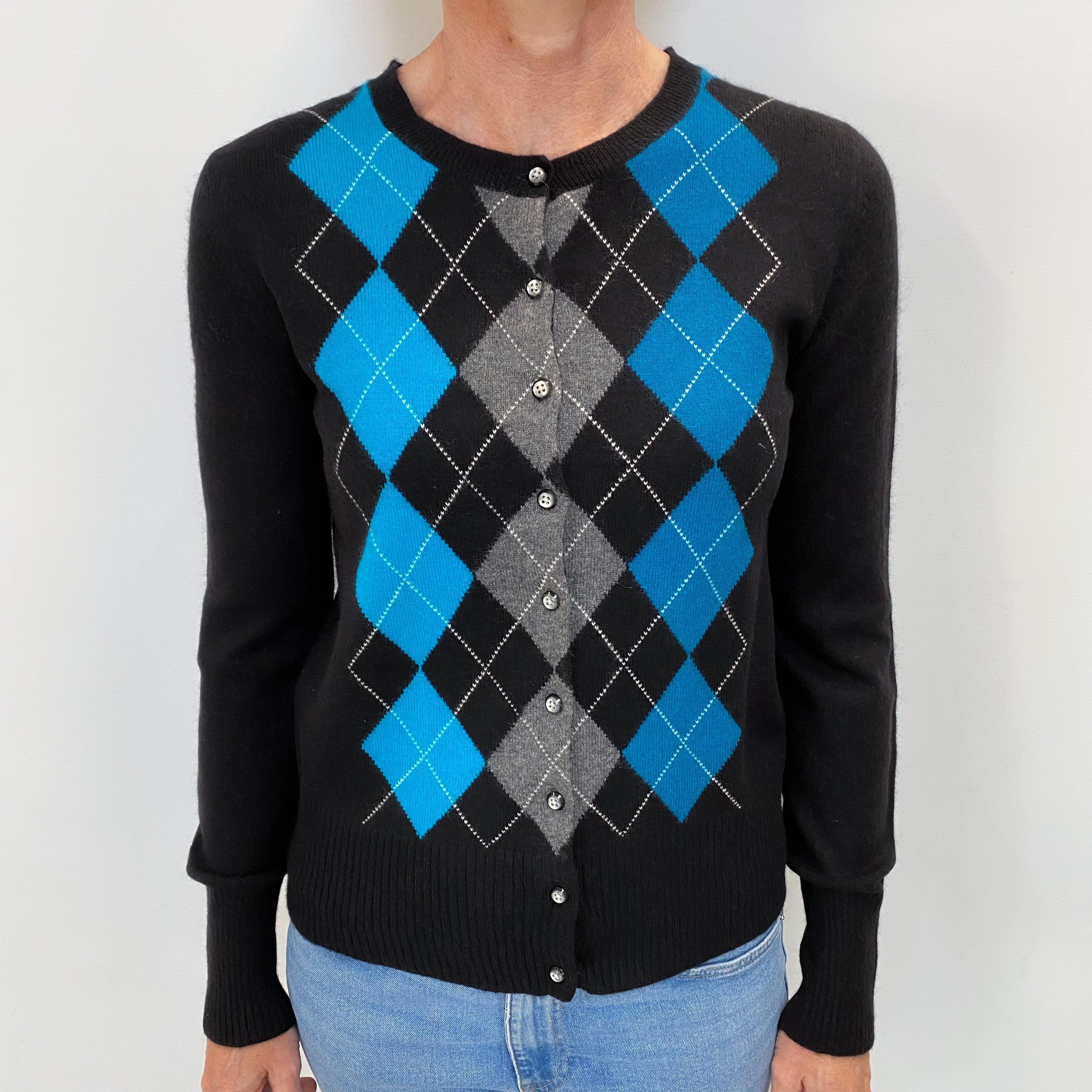 Black Turquoise Diamond Cashmere Crew Cardigan Small
