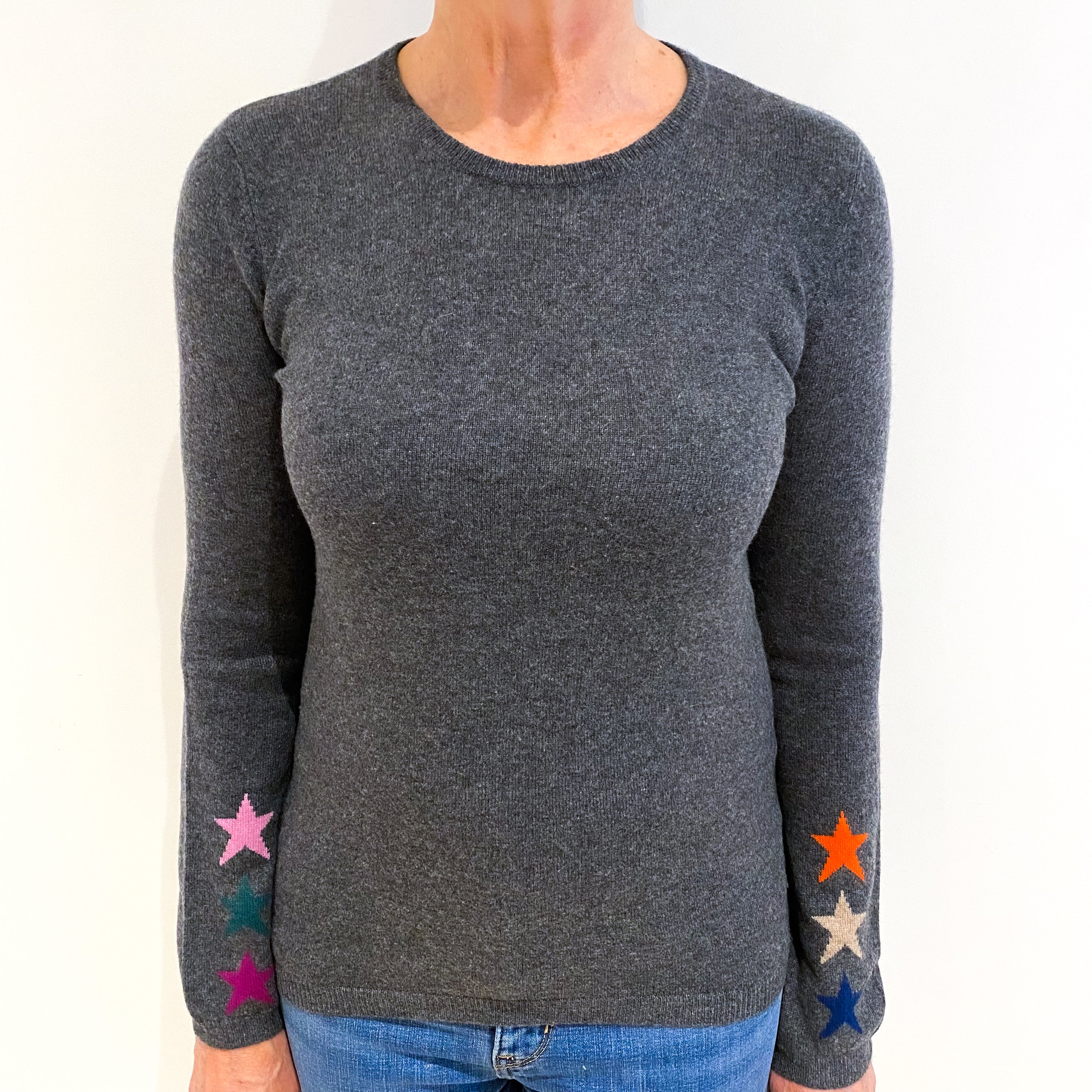 Slate Grey With Stars Cashmere Crew Neck Jumper Medium