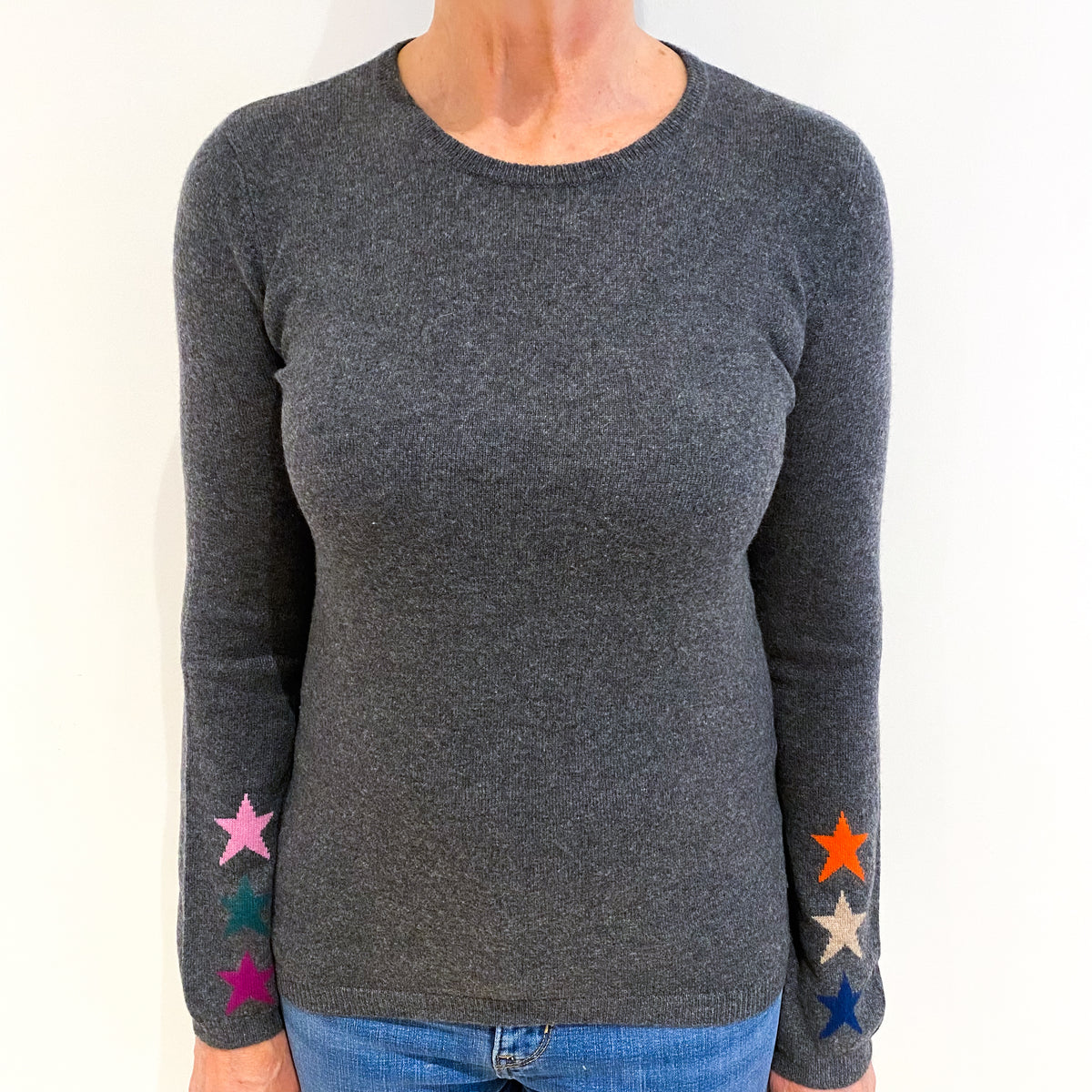 Slate Grey With Stars Cashmere Crew Neck Jumper Medium