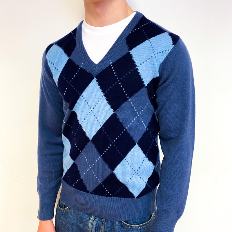Men's Scottish Stone Blue Diamond Cashmere V-Neck Jumper Small