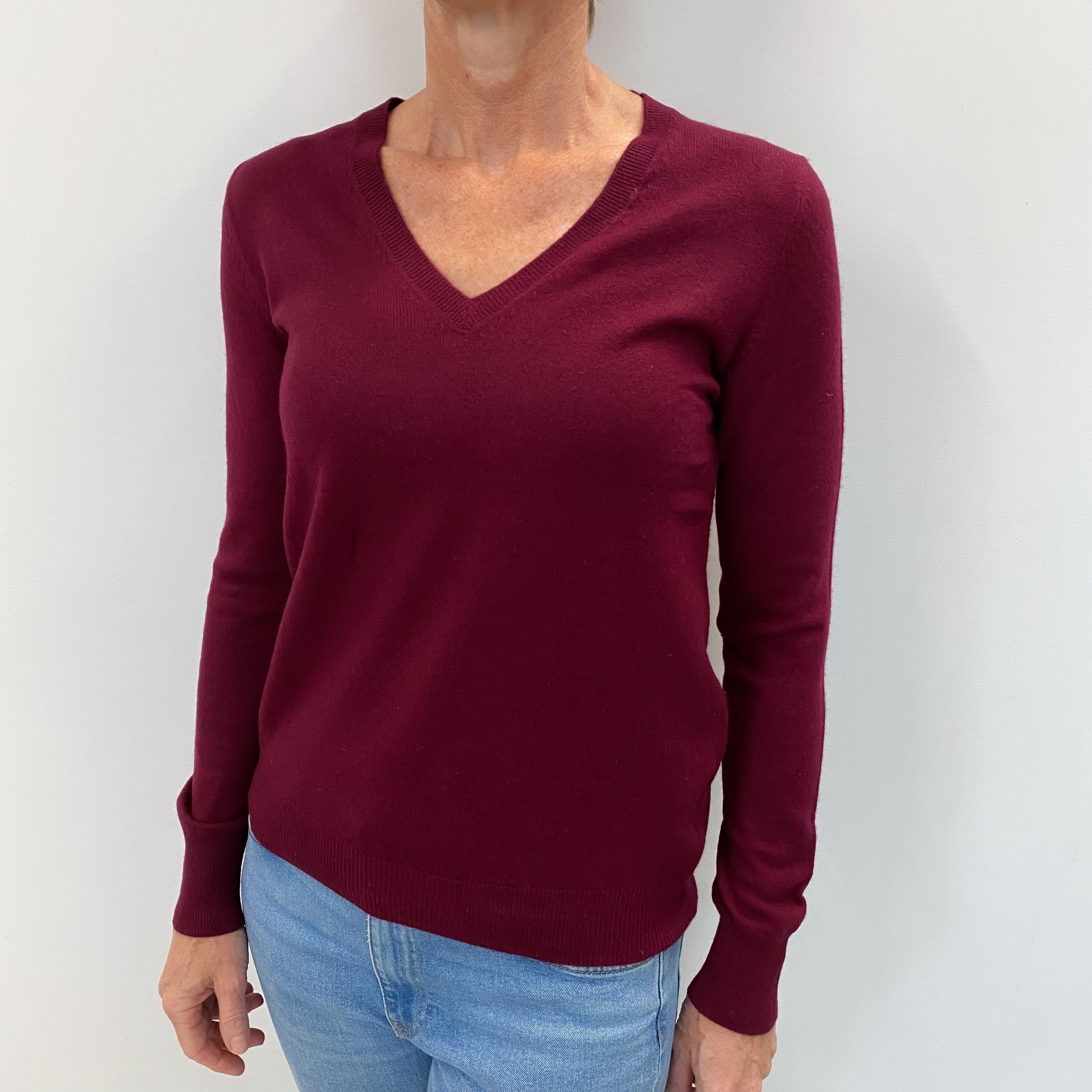 Wine Red Cashmere V Neck Jumper Small