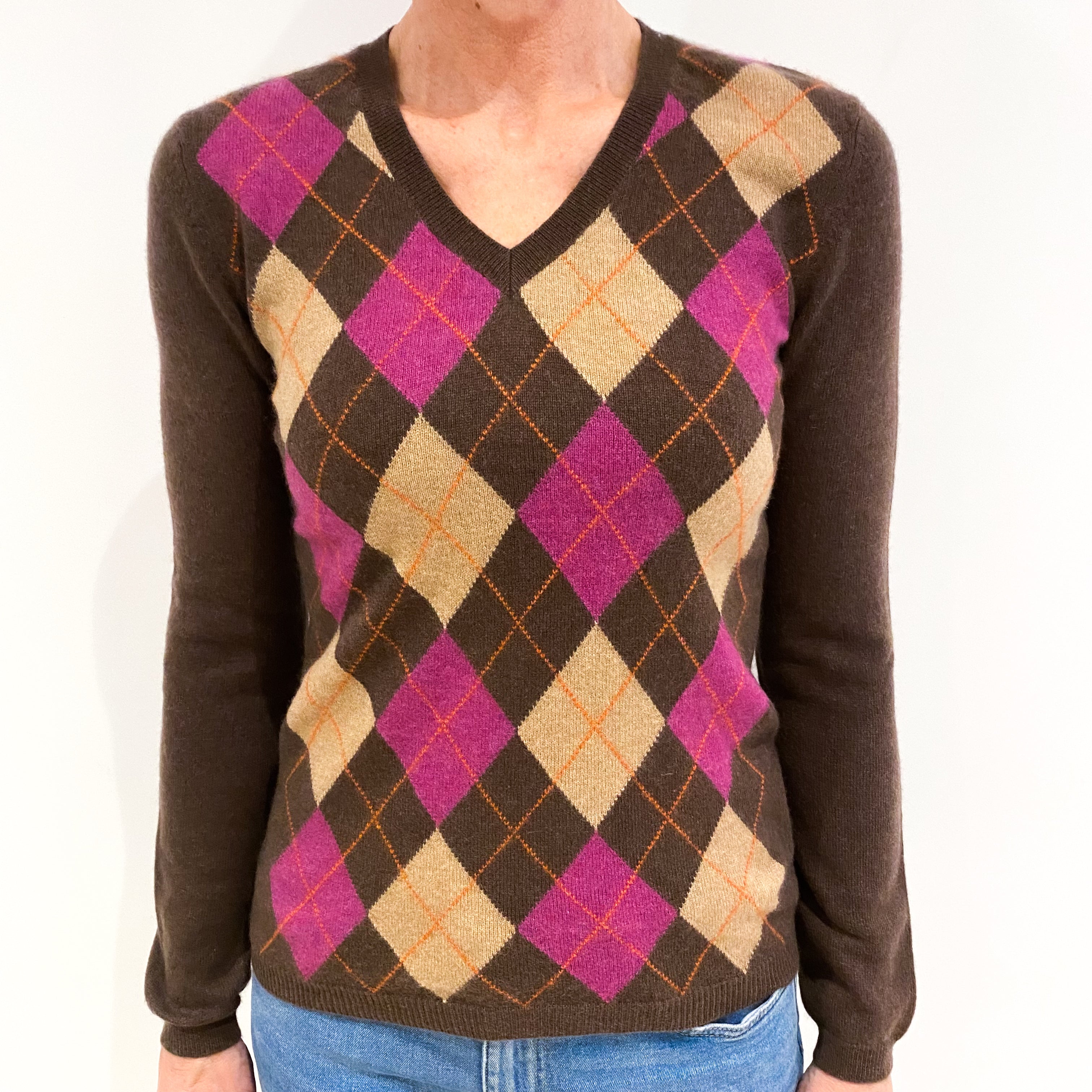 Milk Chocolate and Magenta Argyle Cashmere V Neck Jumper Small