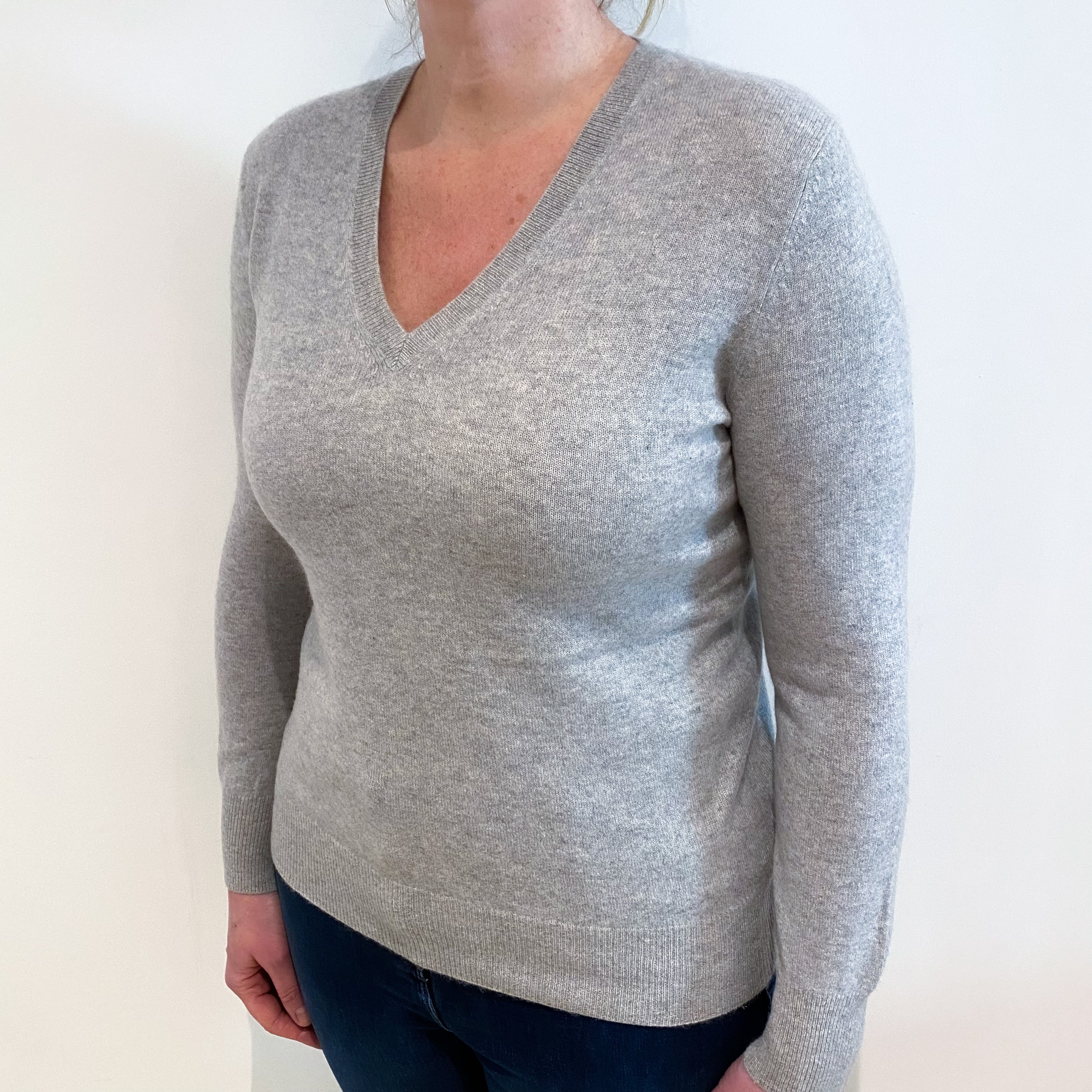 Smoke Grey Cashmere V Neck Jumper Large