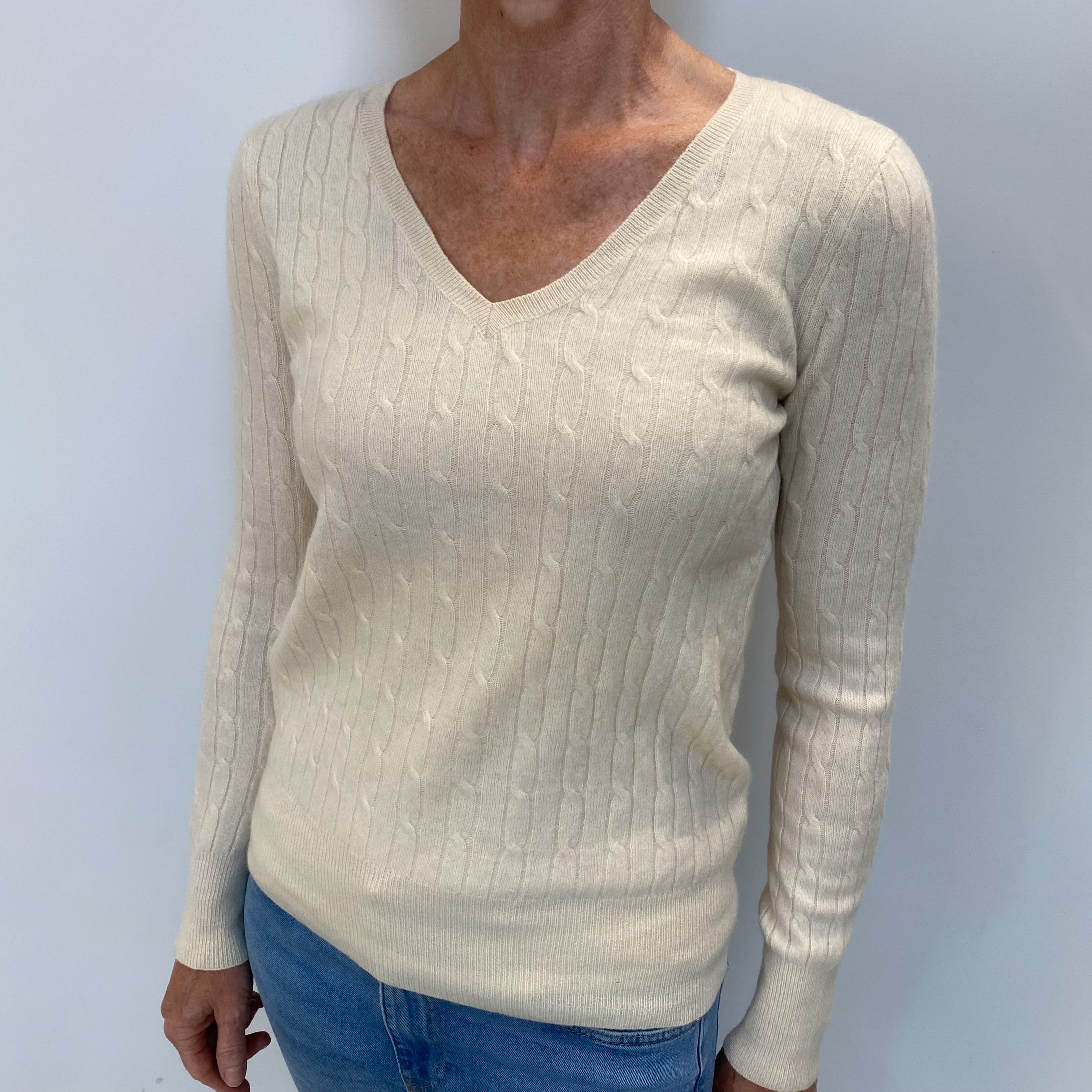 Ivory Cashmere V Neck Jumper Small
