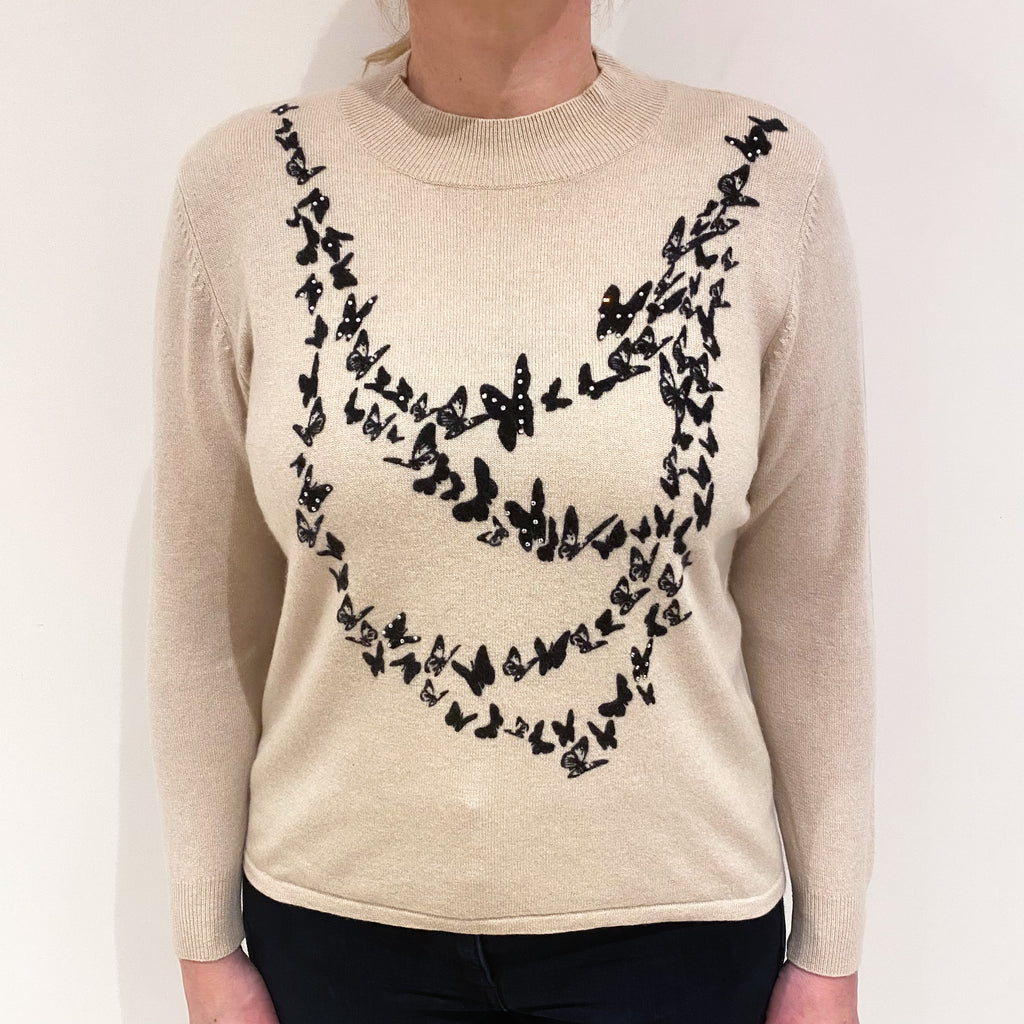 Oatmeal Beige Patterned Cashmere Crew Neck Jumper Large
