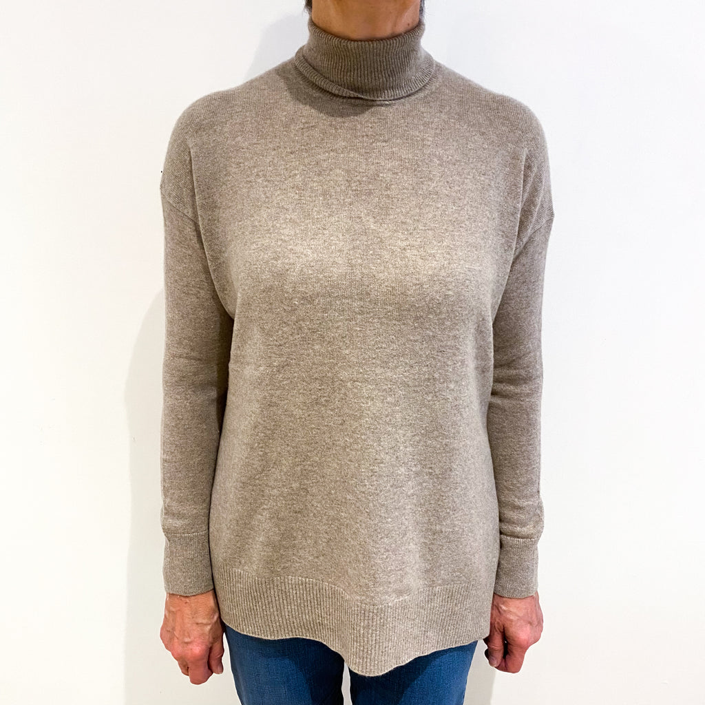 Taupe Brown Cashmere Polo Neck Jumper Medium