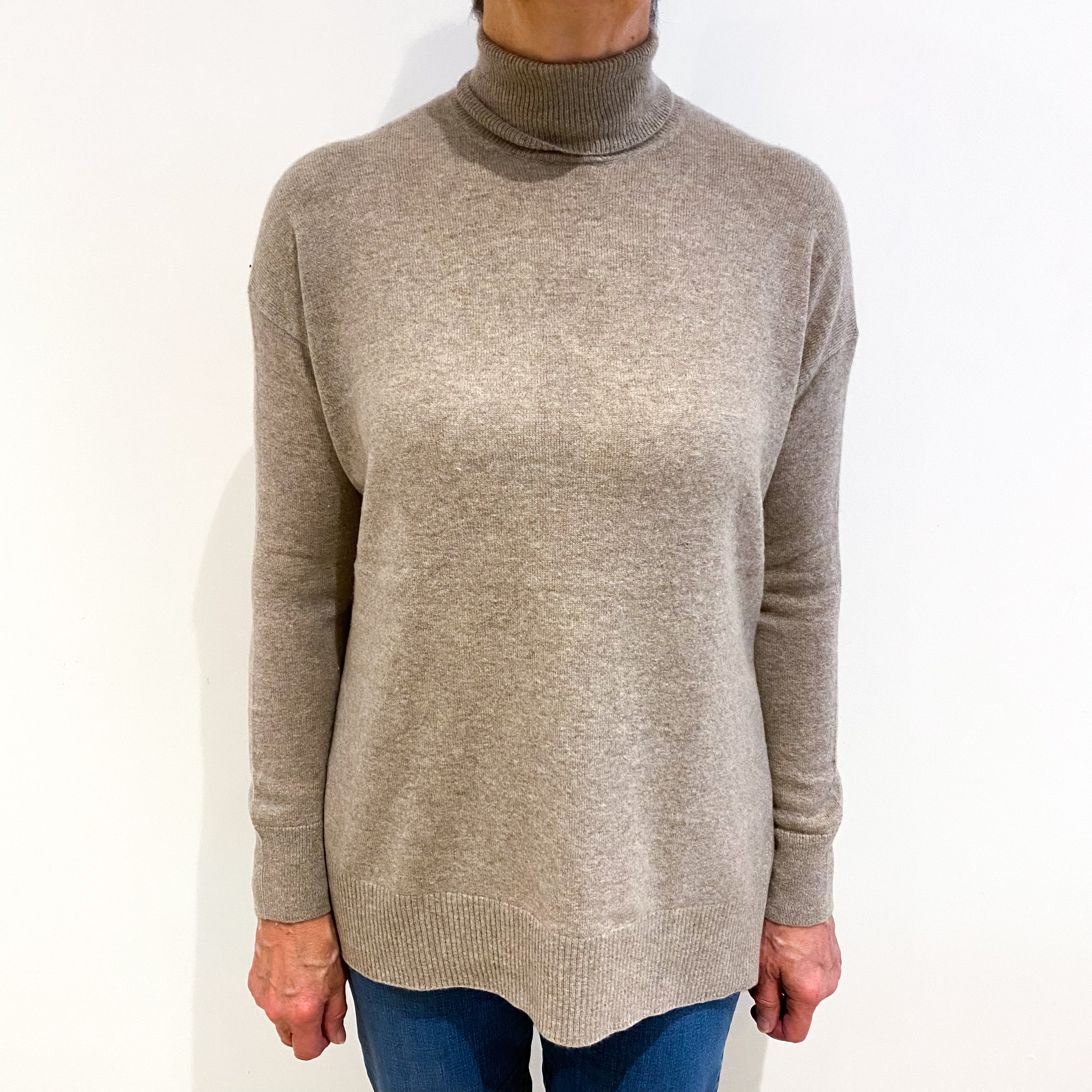 Taupe Brown Cashmere Polo Neck Jumper Medium