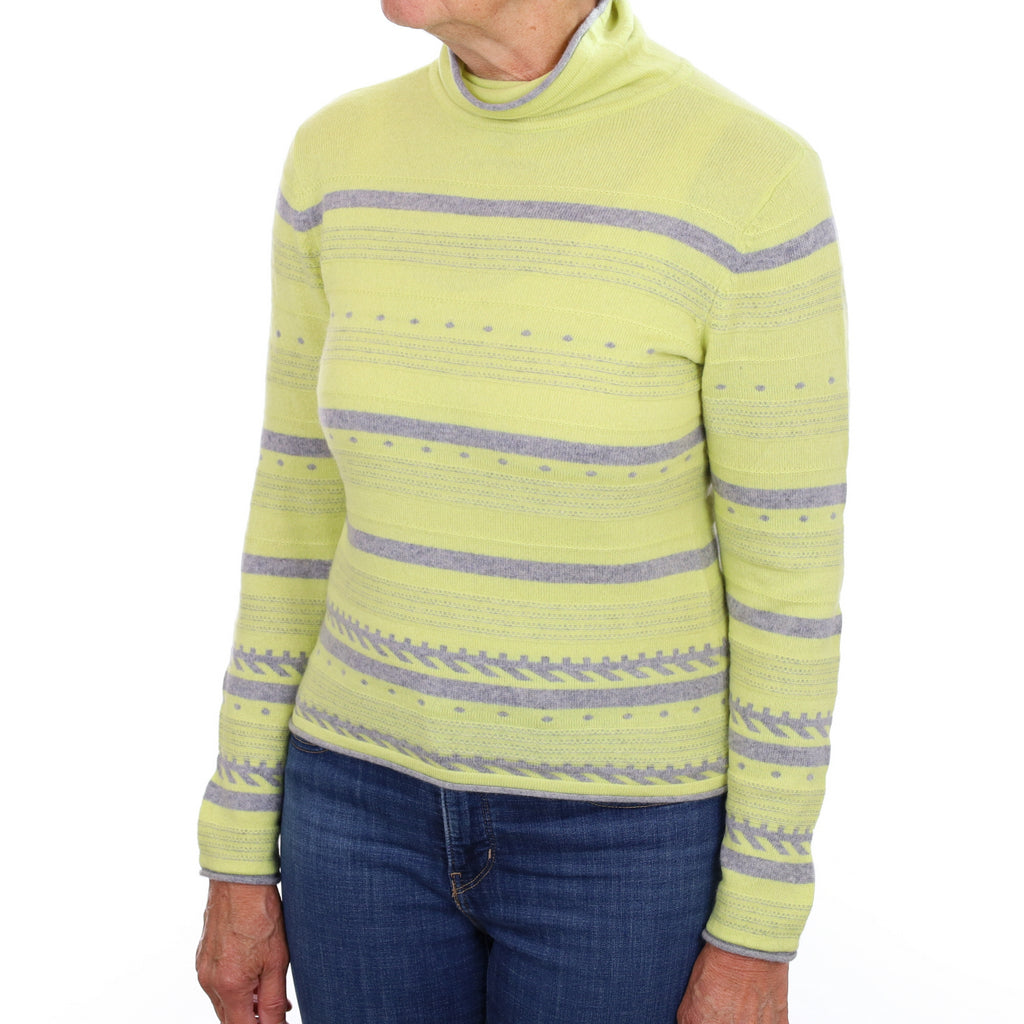 Key Lime Green and Grey Cashmere Funnel Neck Jumper Medium