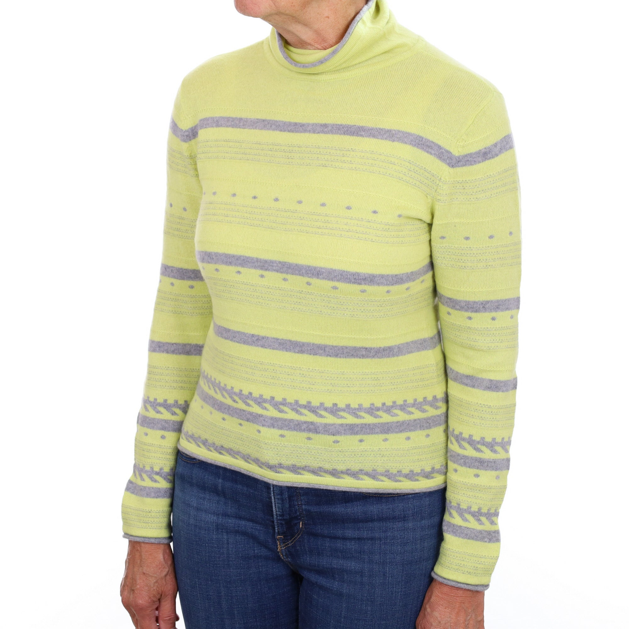 Key Lime Green and Grey Cashmere Funnel Neck Jumper Medium